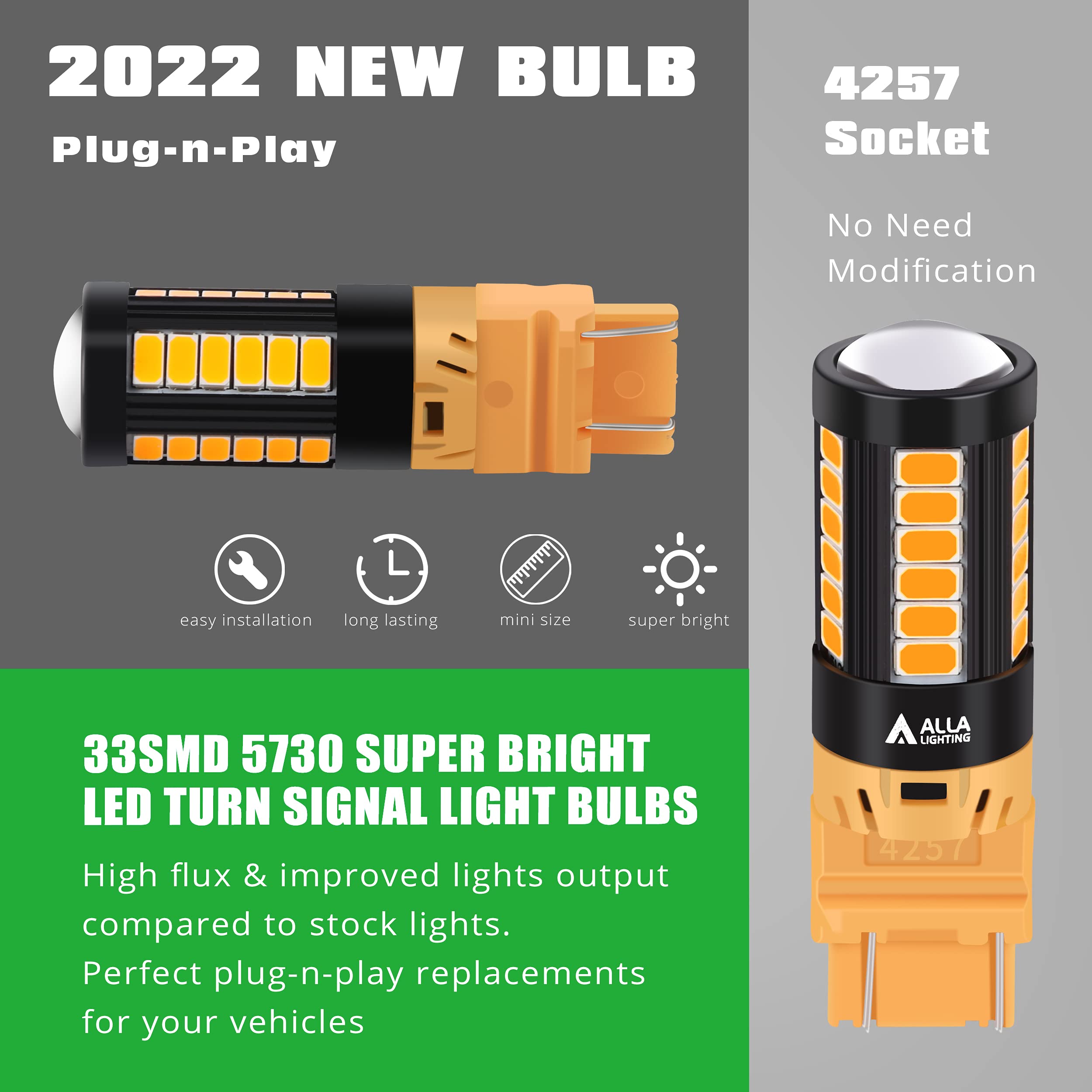 Alla Lighting 4257 LED Turn Signal Bulbs, Super Bright 12V Blinker Lamps, Amber Yellow, Model Alla-4257-5730-33Y