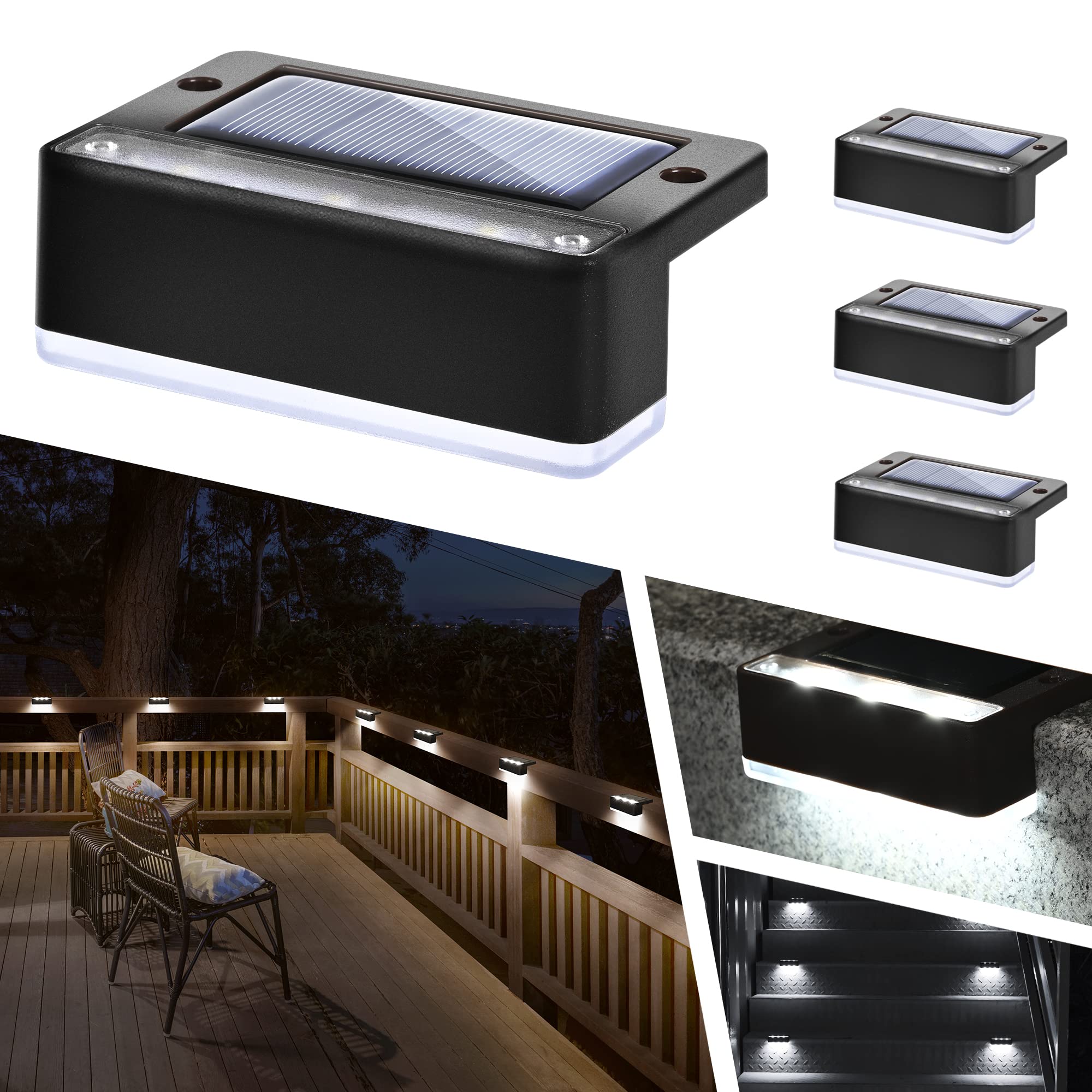 SOLPEX Solar Fence Lights, 6 LEDs Waterproof, 4 Pack, Cold White, Black, Model 8532, for Deck, Stair, Garden, Patio, Pool Decor