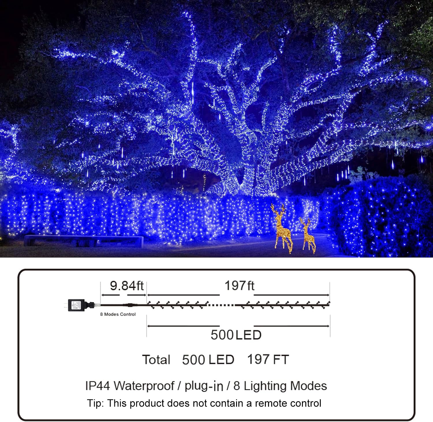 Knonew 500 Led Outdoor Christmas Lights, 197Ft Waterproof String Lights, Blue, 8 Modes, Model 68Kn-168Lig-Niu
