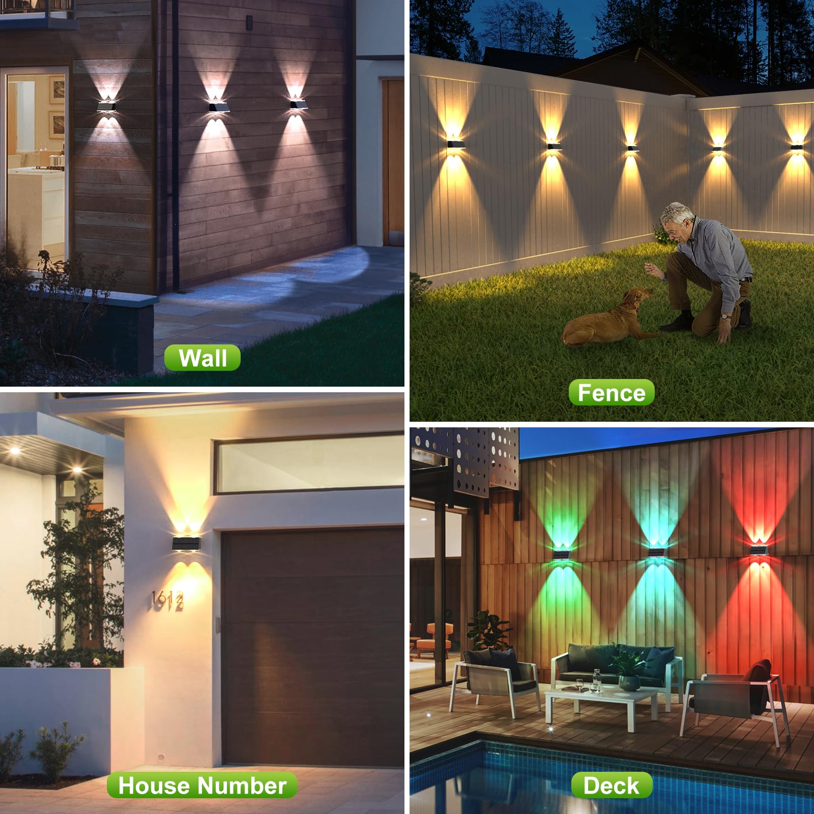 LANSOW Solar Fence Lights 8 Pack, Waterproof LED Up-Down Wall Lights, Warm/Cool White & RGB, Black for Outdoor Decor