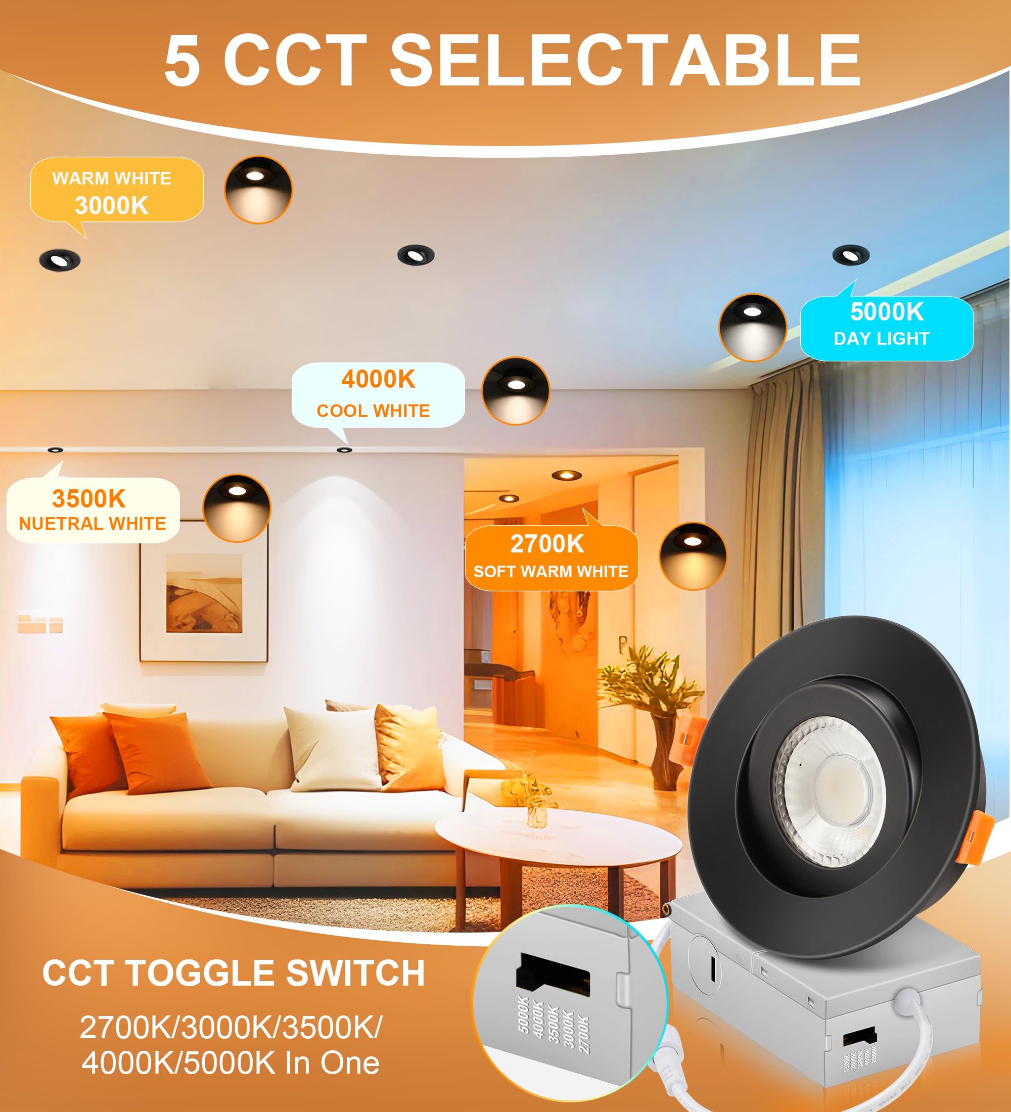 Cloudy Bay Eyeball 5 Color 4 Inch Gimbal Led Recessed Light With Junction Box,9.5W Cri90+ 2700K/3000K/3500K/4000K/5000K Selectable,Dimmable Canless Ceiling Spot Light,Damp Location,Black,Pack Of 6