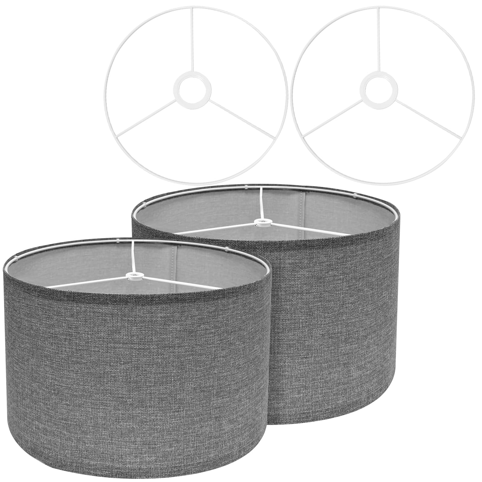 Drum Lamp Shades for Table Lamps 12 Top x 12 Bottom x 8 High Linen Lampshade Set of 2 Gray Lamp Shade with E27 to E26/E14 Adapte