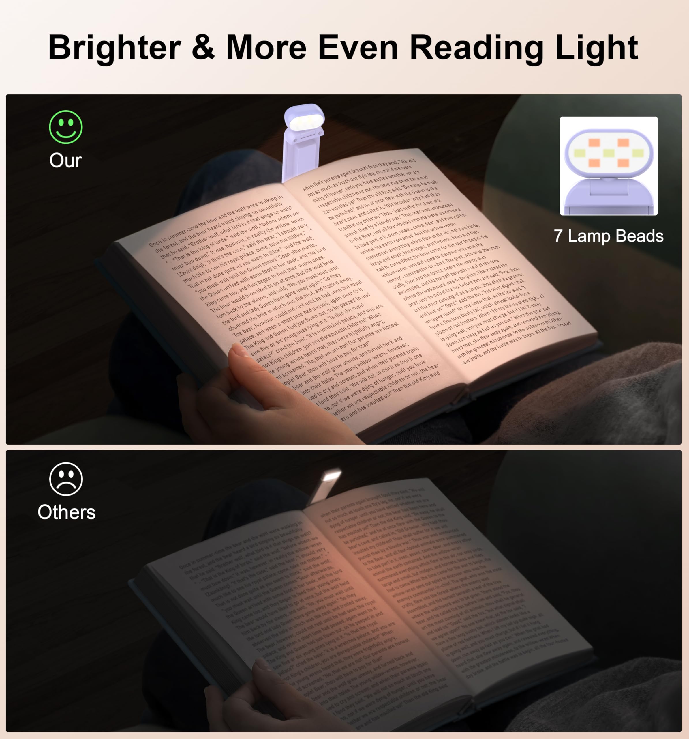 Gritin Rechargeable Book Light - 3 Color Temperatures, 5-Level Dimmable, Compact Clip-On Lamp, Purple, Model G1313