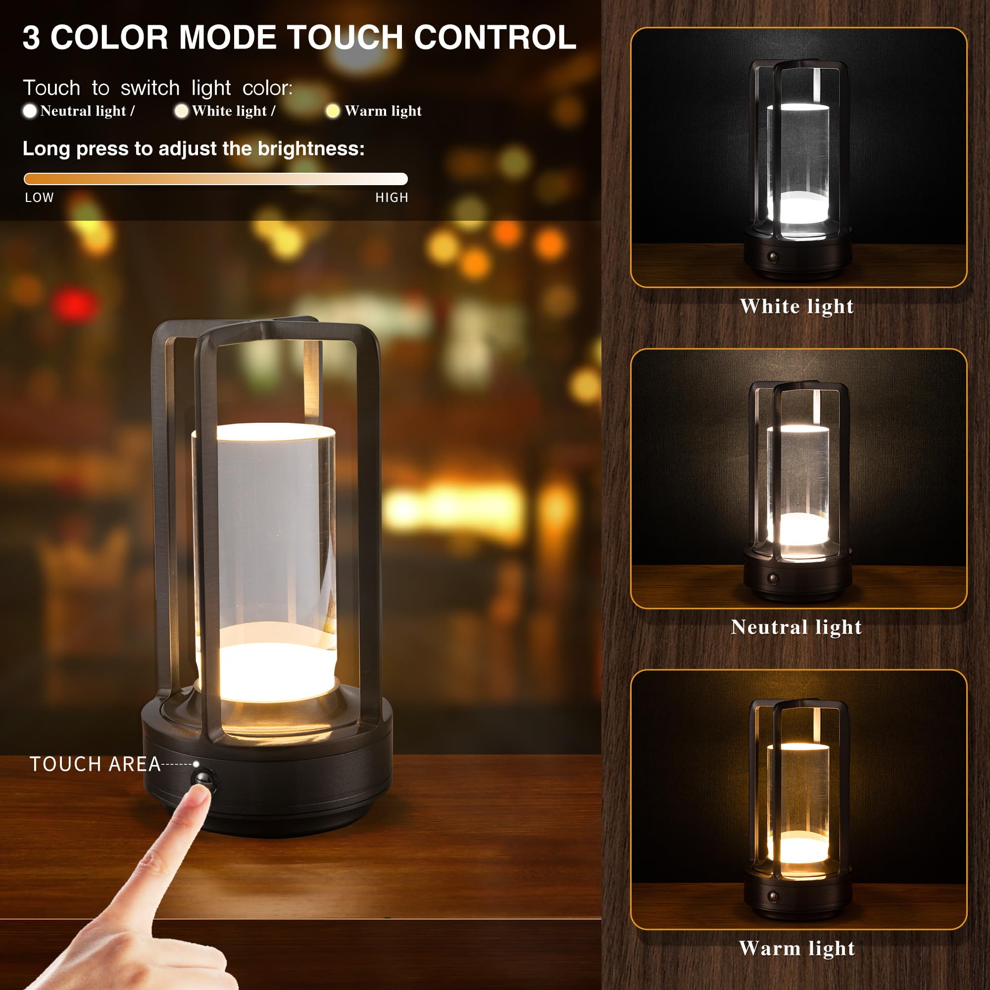 Anxingtools Portable Metal Table Lamp, Rechargeable LED, 3 Color Dimming, 3.54inD x 3.54inW x 6.89inH, Gray, Model AN-