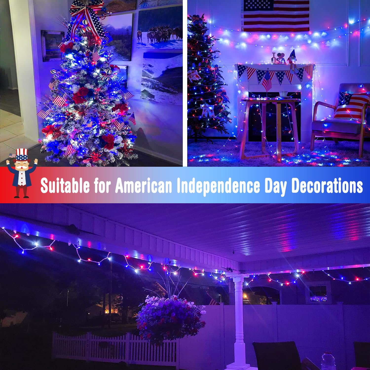 JMEXSUSS 2 Pack Outdoor LED Lights, 33ft 100 Lights, 8 Modes, Battery Operated, Red White Blue, Patriotic Decorations for Independence Day