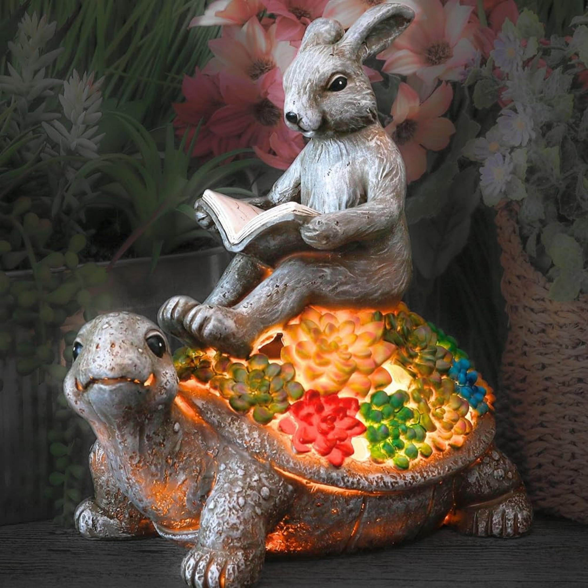 TERESAS COLLECTIONS Garden Decor, Rabbit Turtle Statues, Solar Light, Waterproof Resin, Medium Size, Multicolor