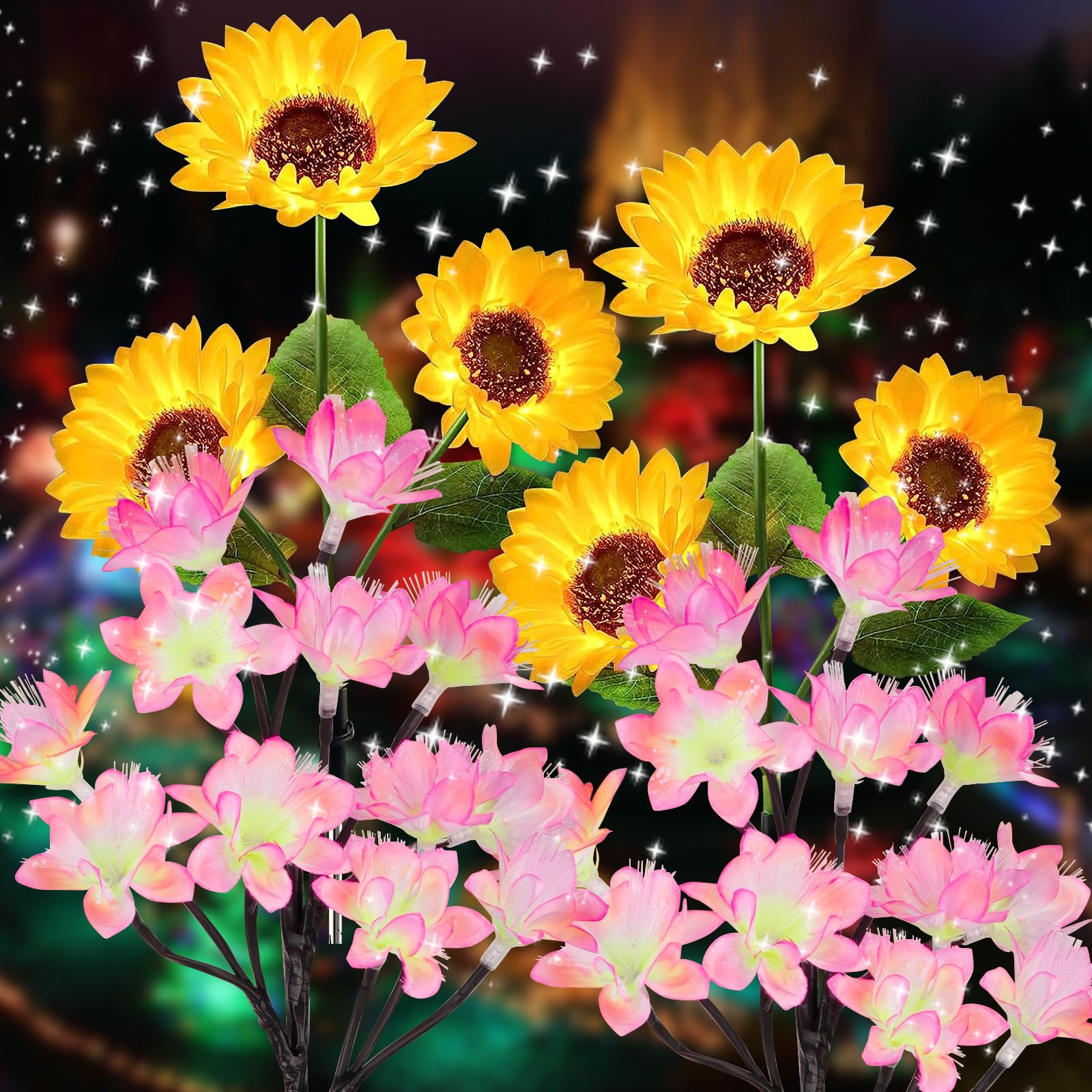 QINGYA 4 Pack Flower Solar Lights Outdoor Waterproof IP 65, Solar Sunflowers Peachblossom Lights Garden Decorative Yard Patio La