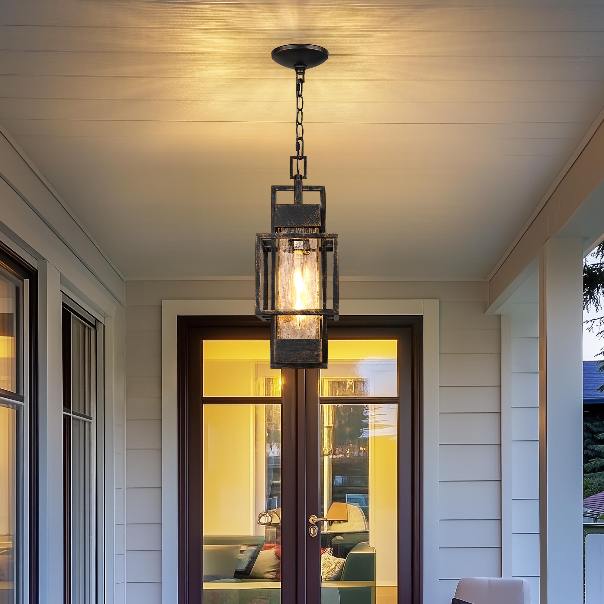 PARTPHONER 15in Outdoor Pendant Light, Black Brushed Gold Metal Chandelier with Water Glass, Model PACL034BB1