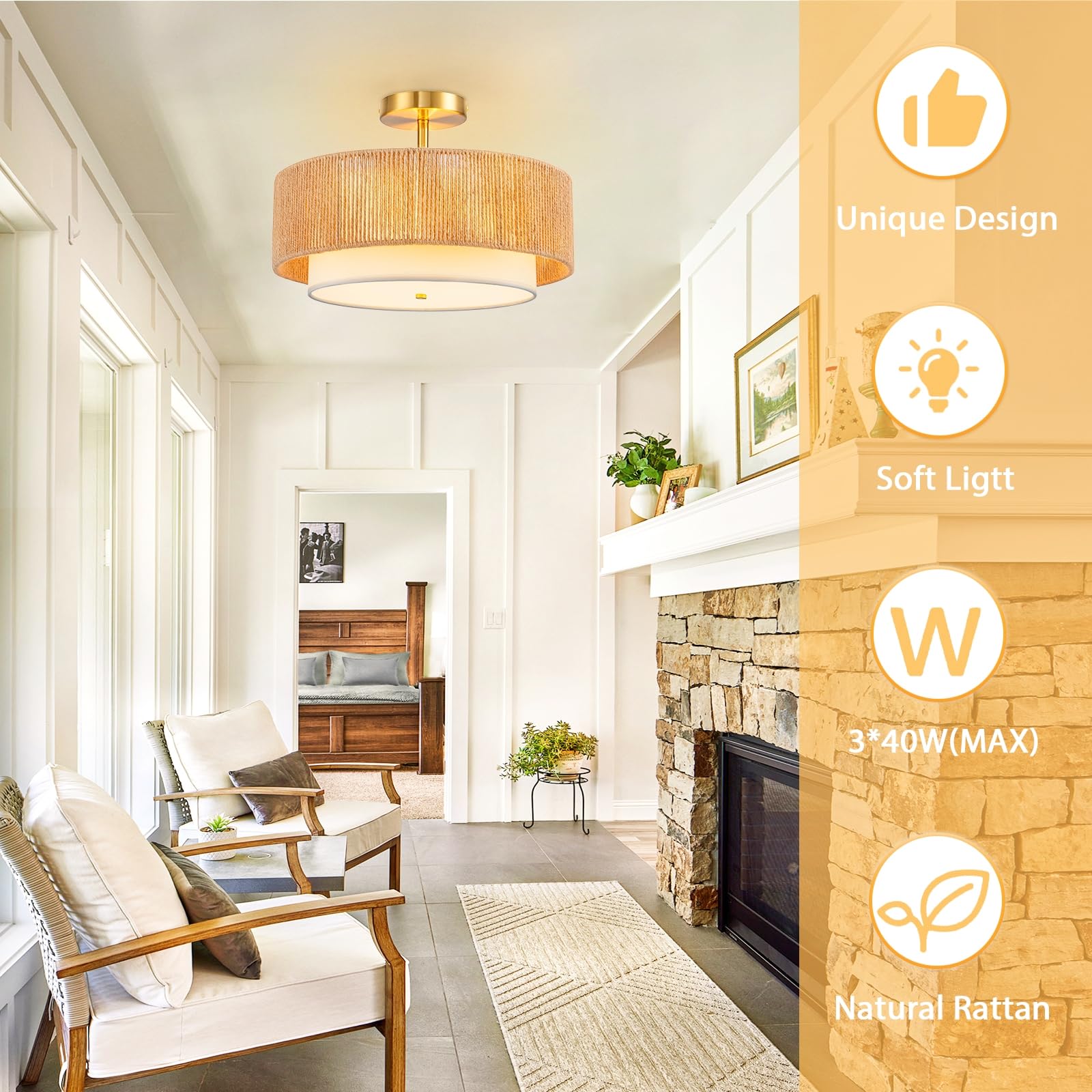 SineRise Rattan Flush Mount Ceiling Light Fixture, 16in  Large, Gold, Boho Design, 2-Tier Drum for Living Room, Kitchen, Bedroom