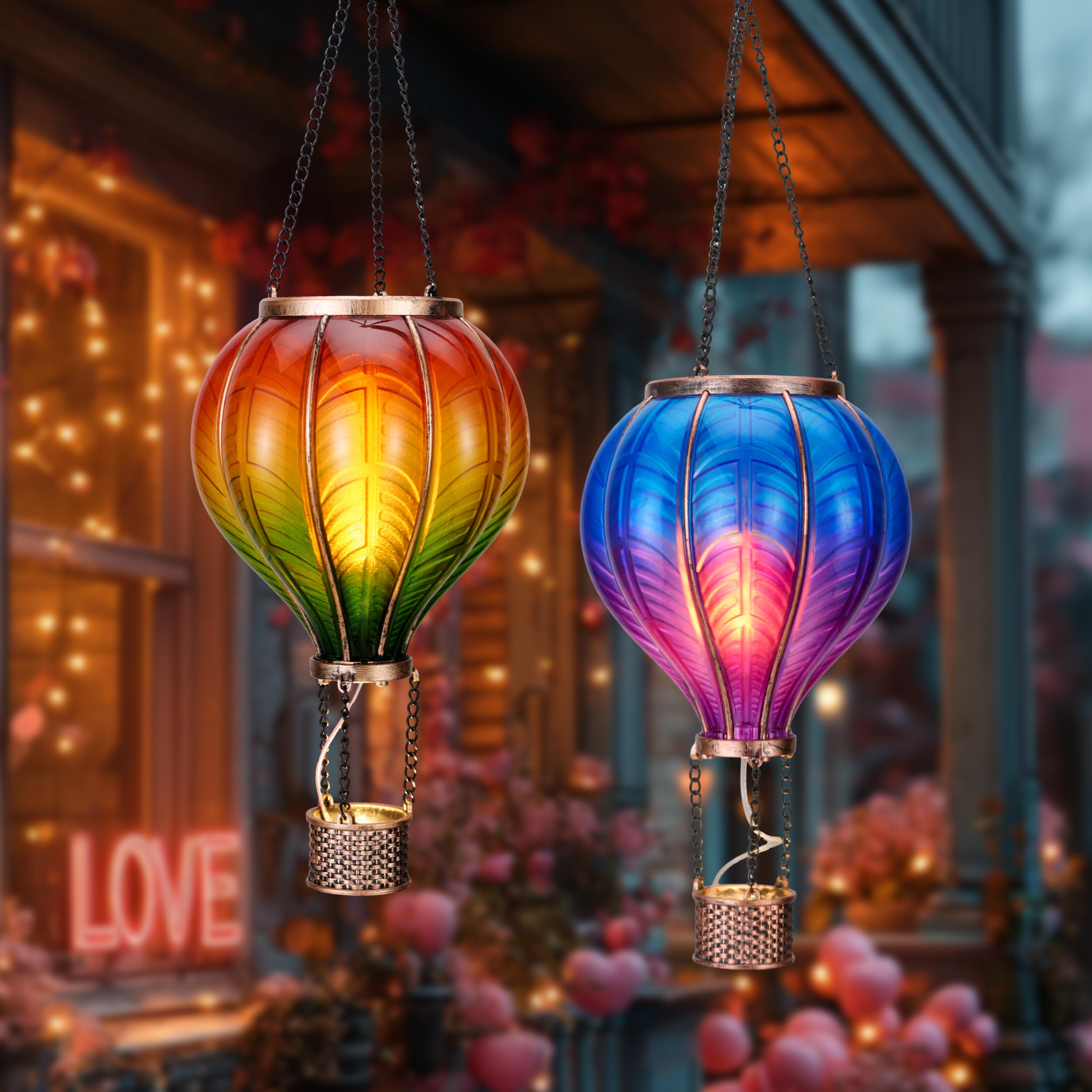 Teresa'S Collections 2 Pack Hanging Solar Lantern Outdoor Garden Decor For Valentine ,Waterproof Plastic Hot Air Balloon Orange