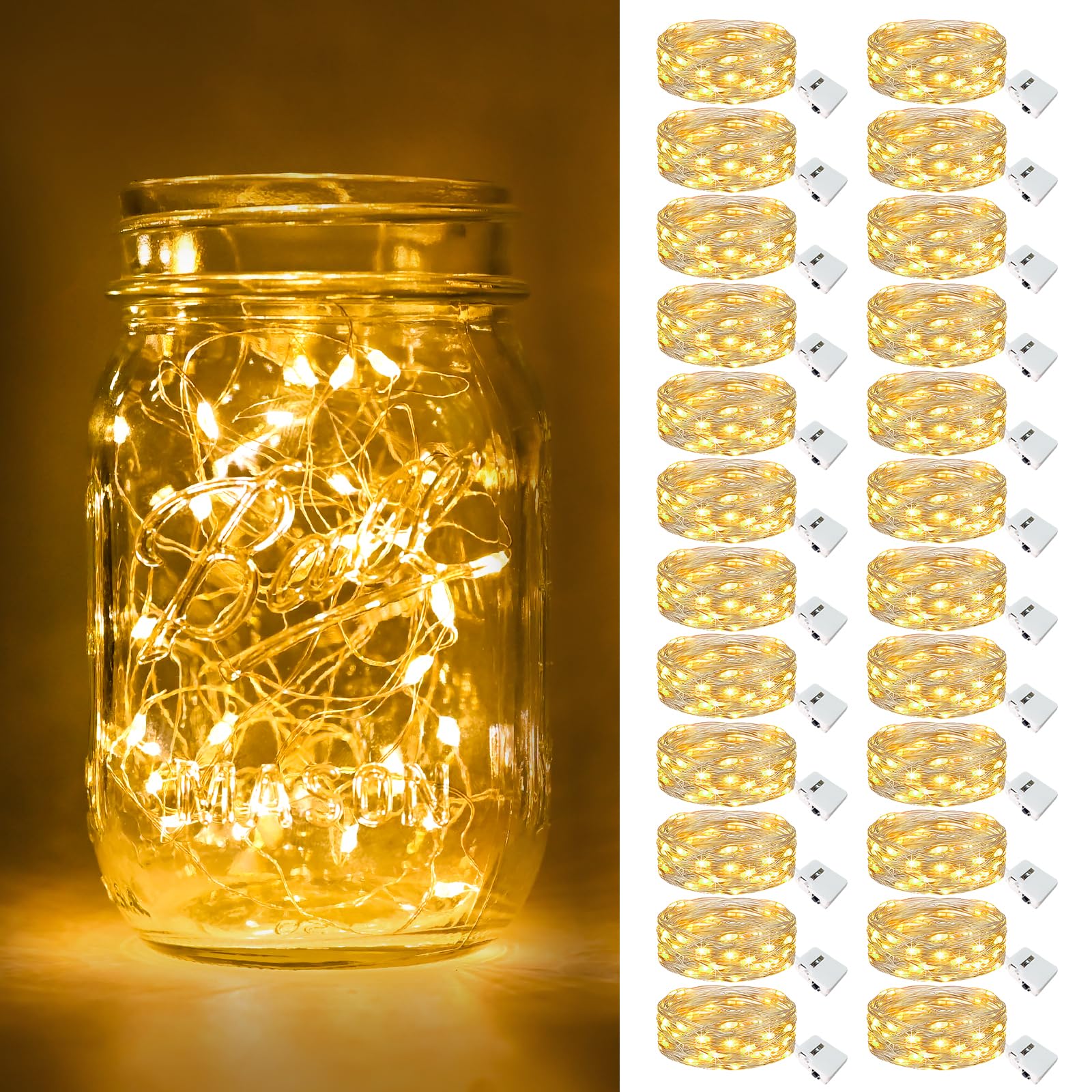 btfarm 24 Pack Fairy Lights Battery Operated [3 Modes]  7ft 20 Led Twinkle Lights String Lights Waterproof Bulk Small Mini Silver Wire for Christmas Mason Jars Wedding Table Centerpiece  Warm White