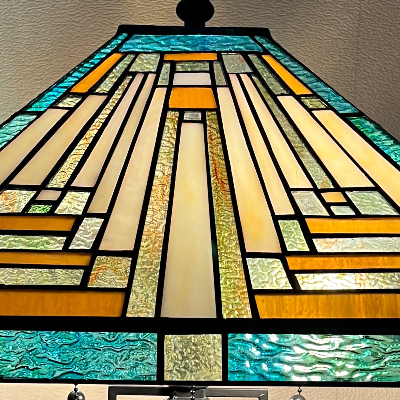 Capulina Large Tiffany Table Lamp 3-Light With Nightlight 16X16X25 Inches Mother-Daughter Vase Mission Green Amber Style Stained Glass Desk Light For Home Living Room Bedroom