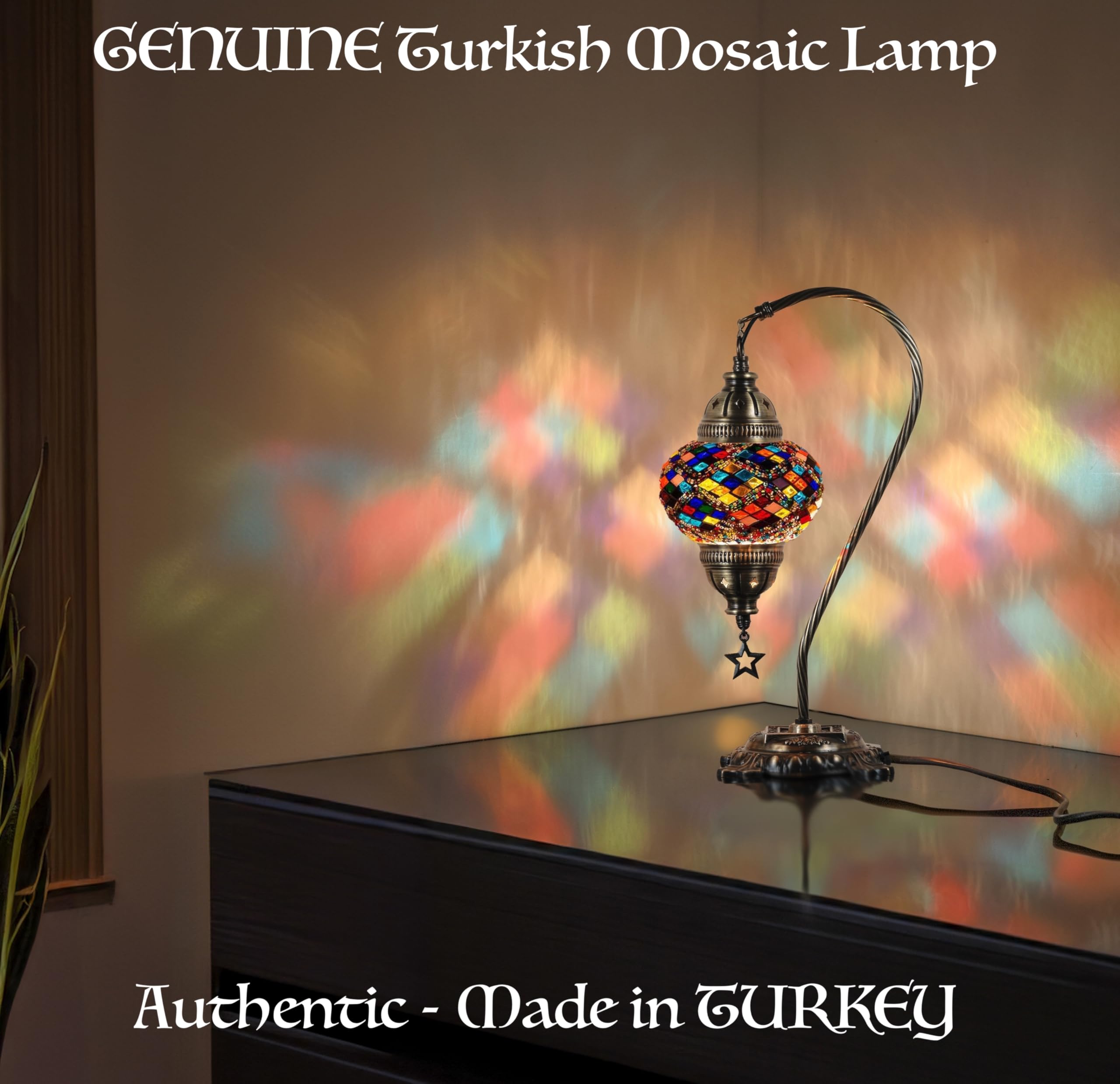 DEMMEX Turkish Table Lamp, Handmade Mosaic Glass, Antique Brass Finish, 15in H, Multicolor, Model: DEMMEXLAMP