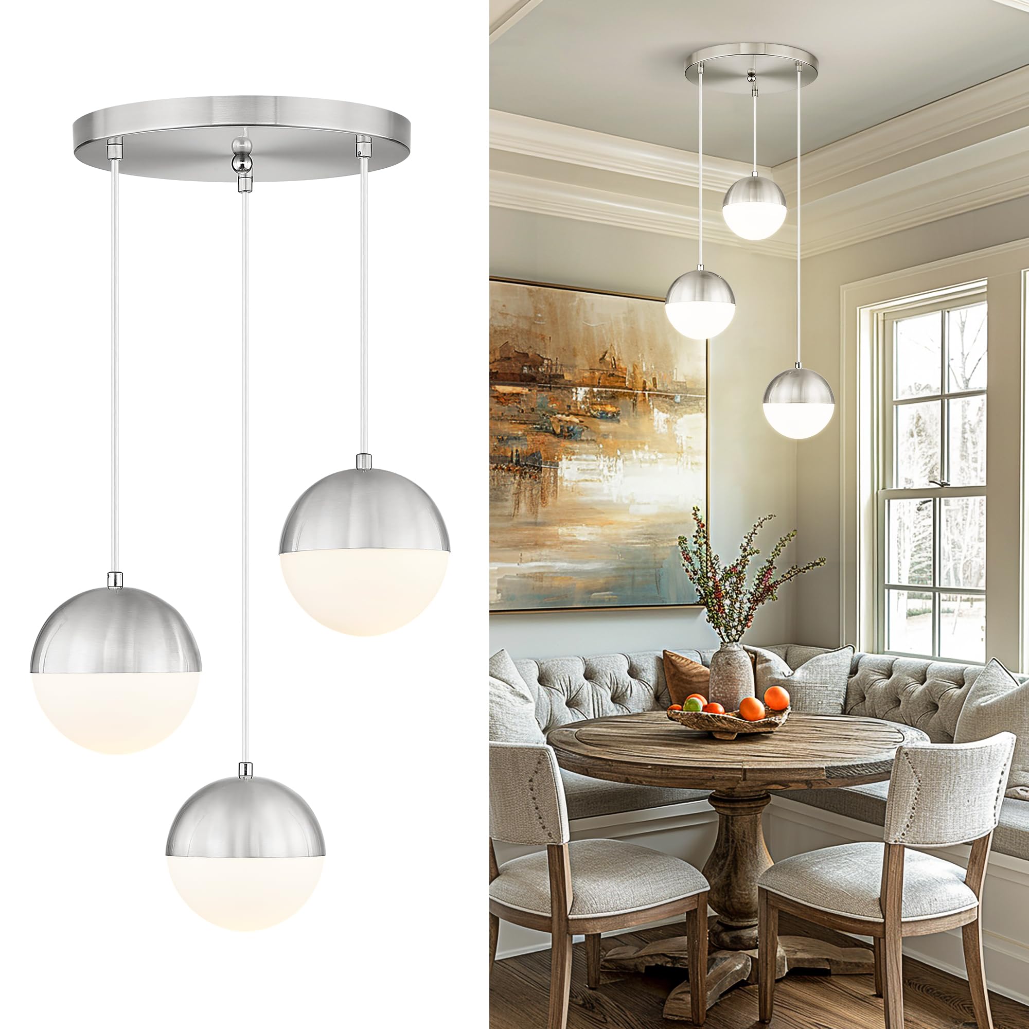 LMS Modern Brushed Nickel 3-Light Cluster Pendant Lights, Mid Century Pendant Lighting with White Globe Glass Shade, Adjustable 