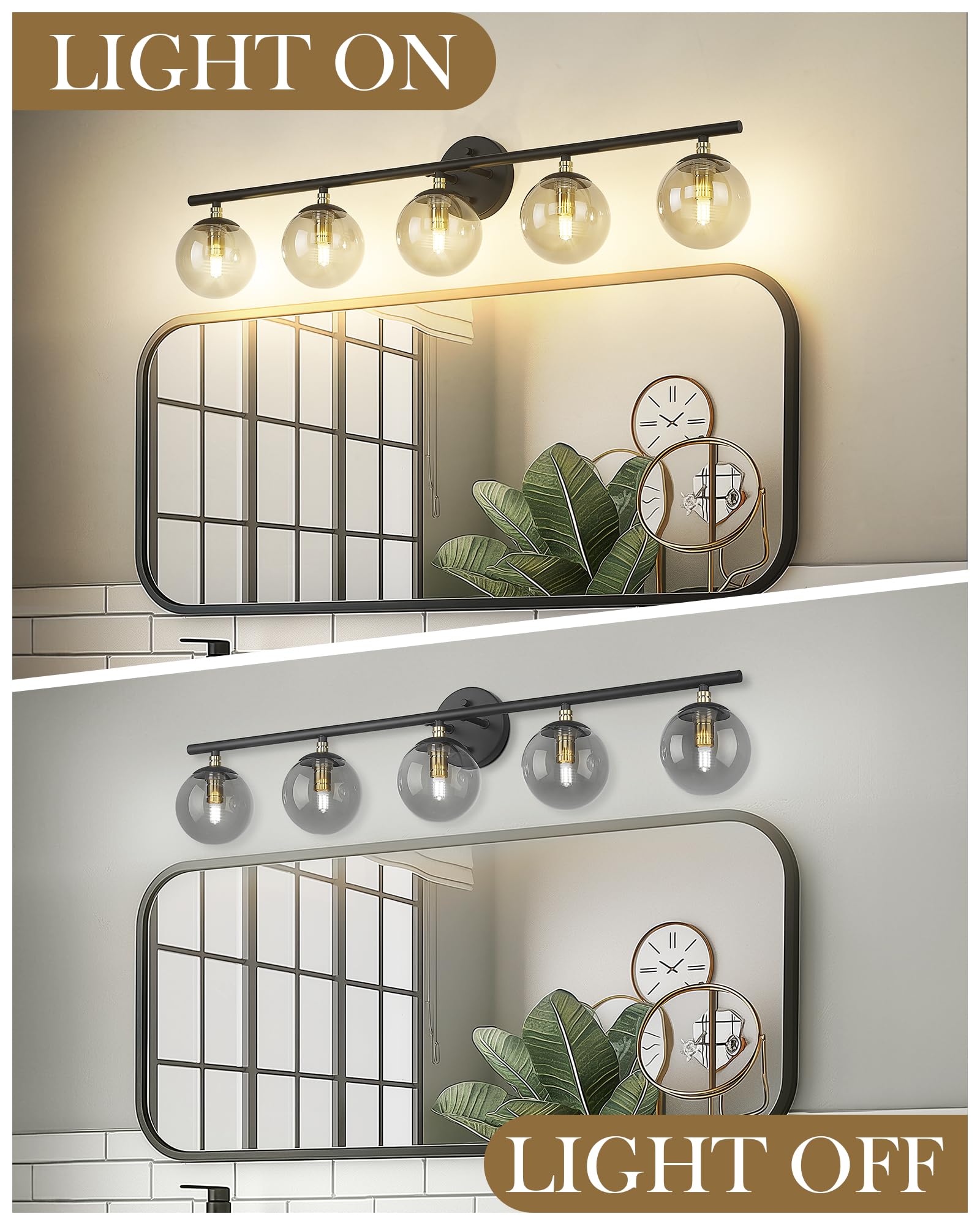 Lms 5-Light Matte Black Vanity Light, Modern Bathroom Lighting Over Mirror, Black And Brass Gold Finish With Globe Glass Shade,