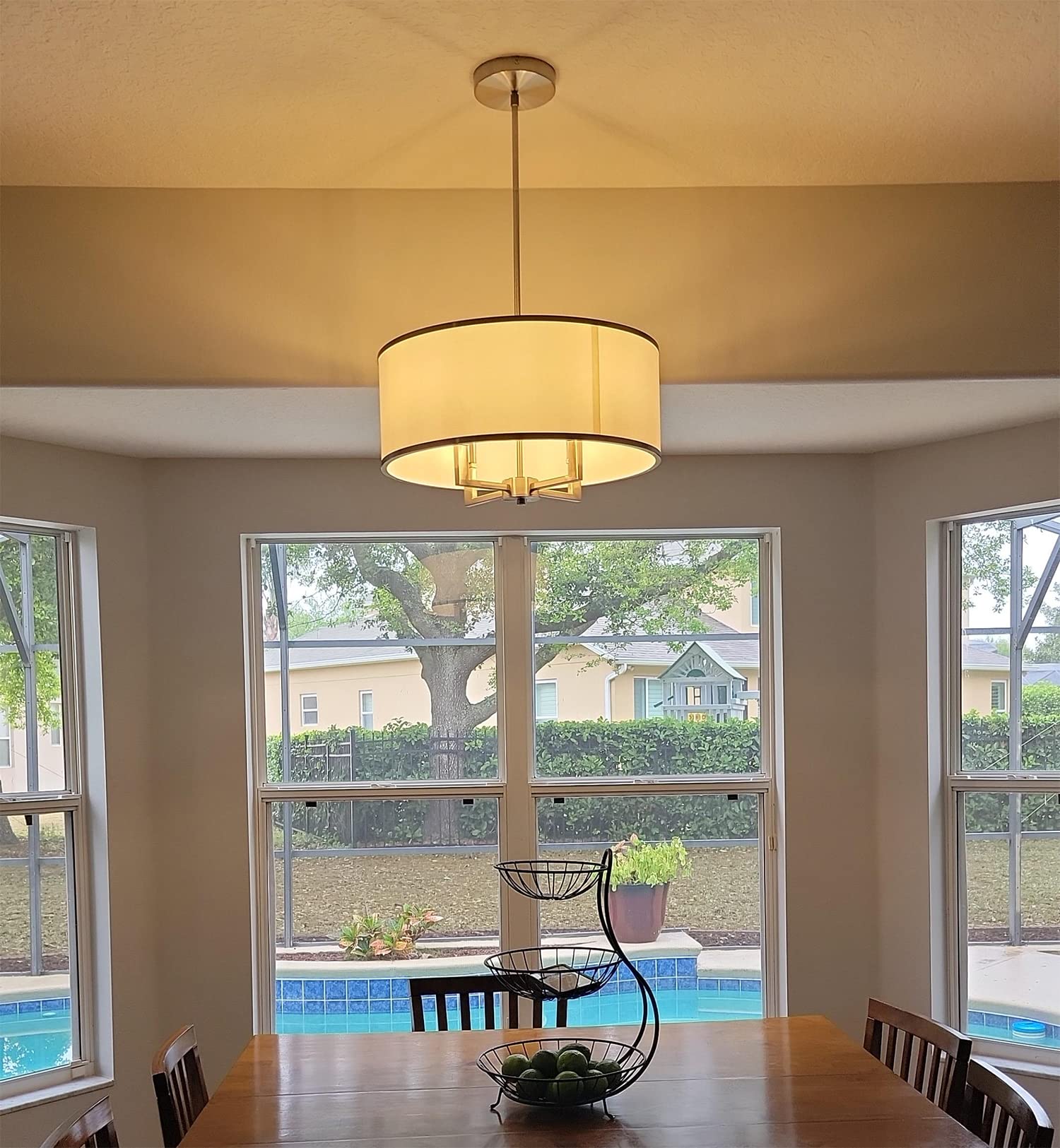 A1A9 Classic 4-Light Drum Pendant Lighting Fixture, 20'' White Fabric Shade, Vertical Rod Semi Flush Mount Ceiling Lights, Brushed Nickel Chandelier For Foyer Entryway Hallway Dining Room