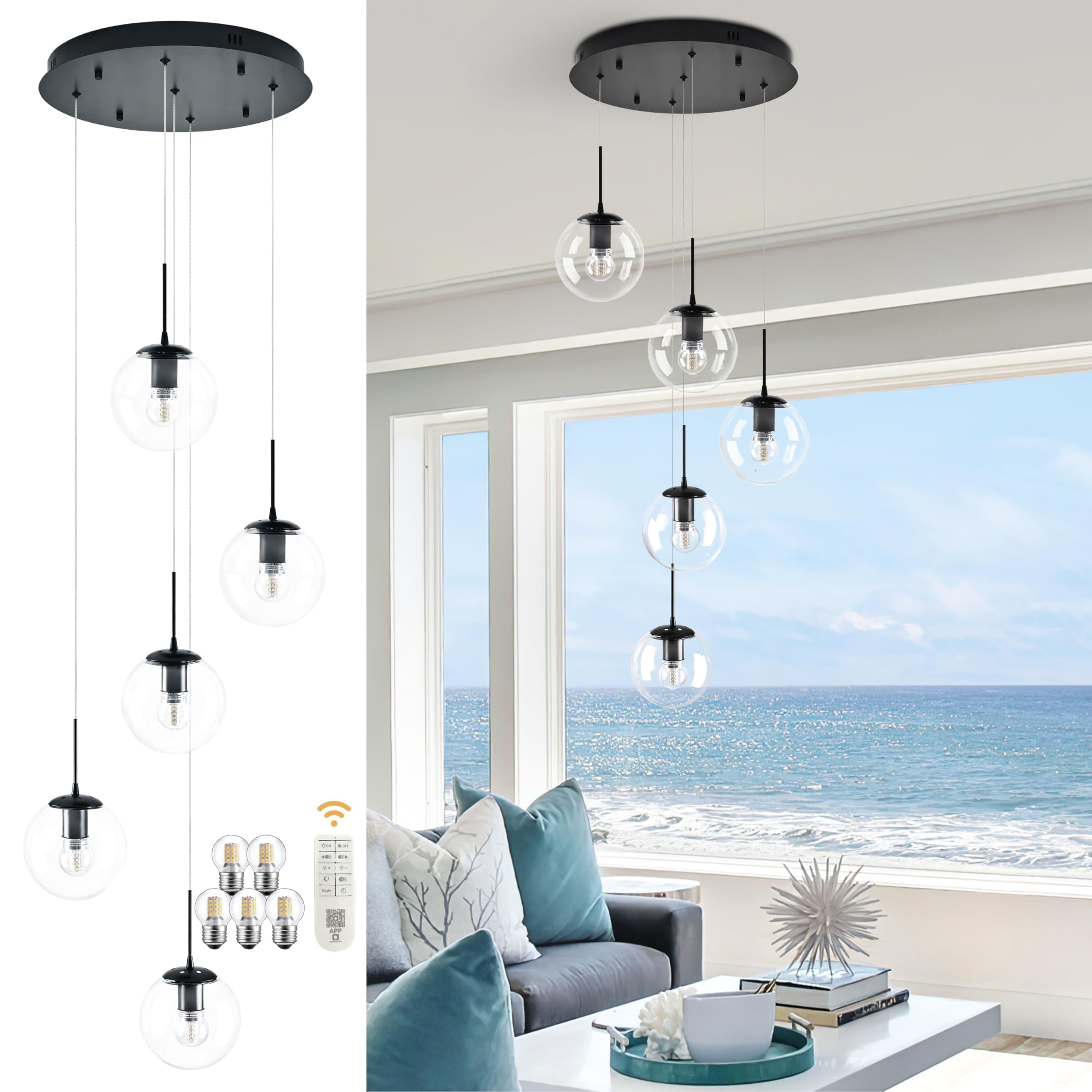 Koko&Yukina 5-Light Globe Glass Pendant Light Adjustable Length Pendant Lights Modern Black Clear Globe Glass Chandelier High Ce