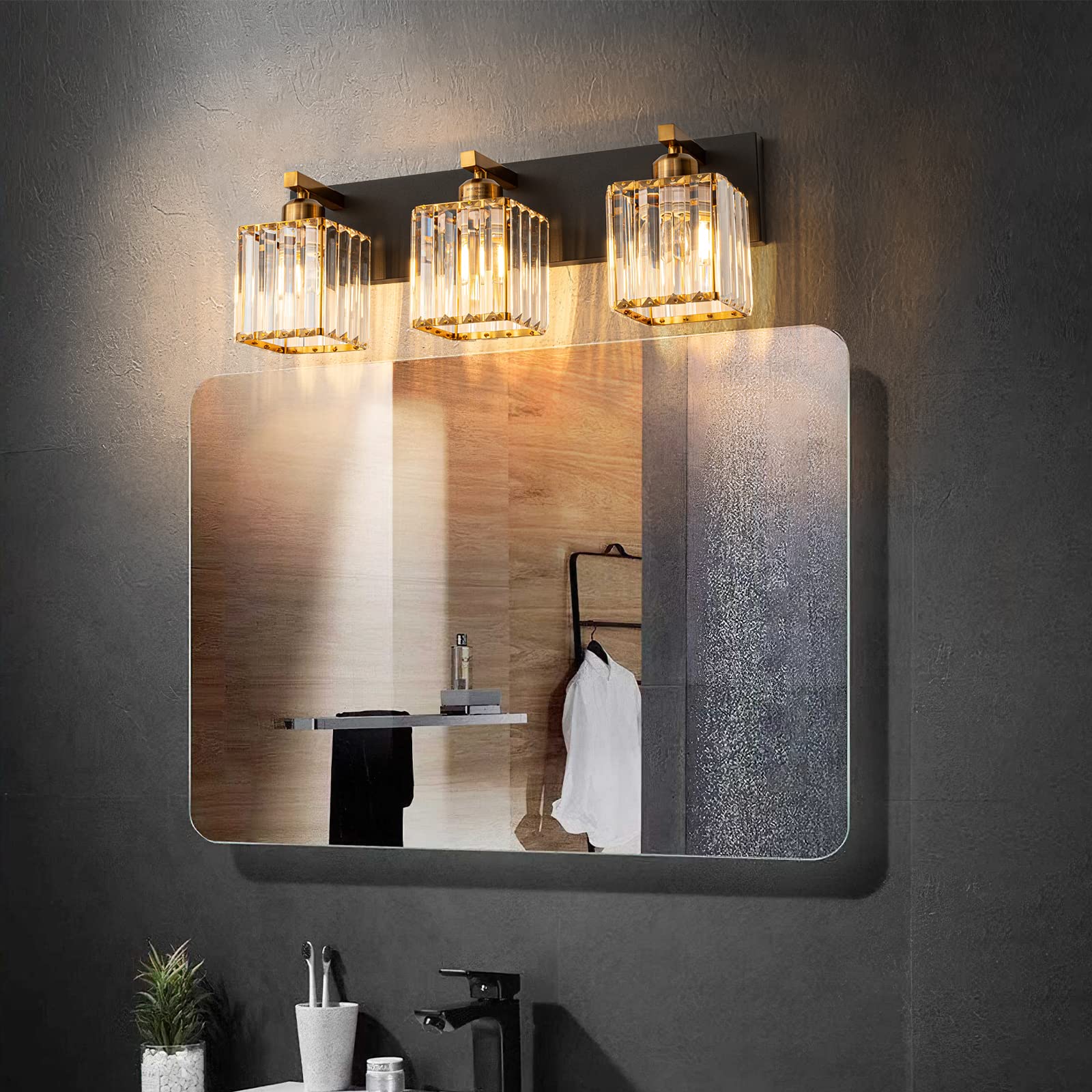 Fdpby Modern Black Gold Crystal Bathroom Vanity Light - 3-Lights Wall Light Fixture