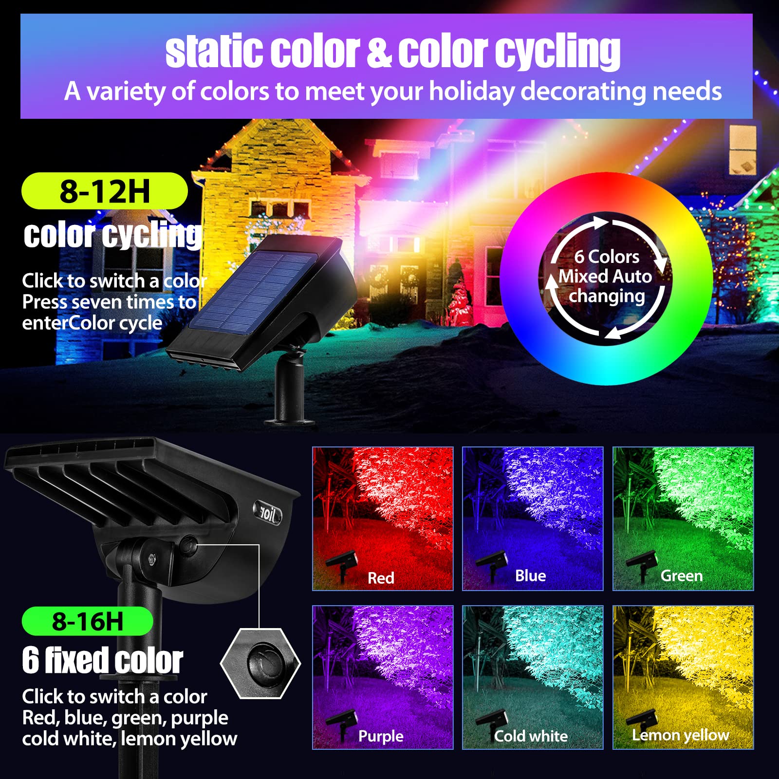 Jior 32 LED Solar Outdoor Lights - 7 Color Modes, IP67 Waterproof, 2-in-1 Solar Spotlights for Garden, Pool, Yard, Walkway Decor, Multicolor-4