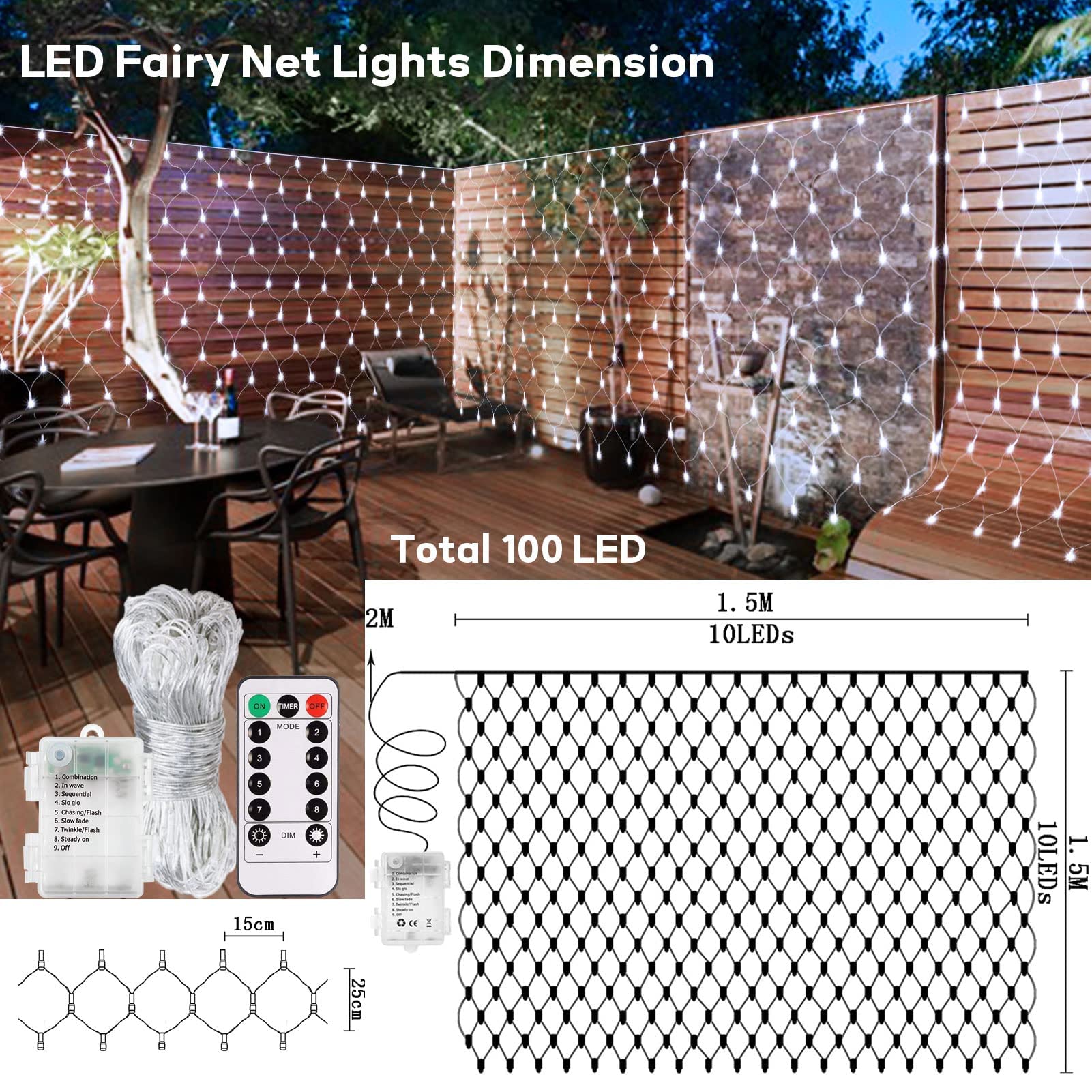 Garden Net Lights Waterproof Battery Operated With Remote, 8 Lighting Modes, Timer, Dimmable, White Net Mesh Fairy Lights String
