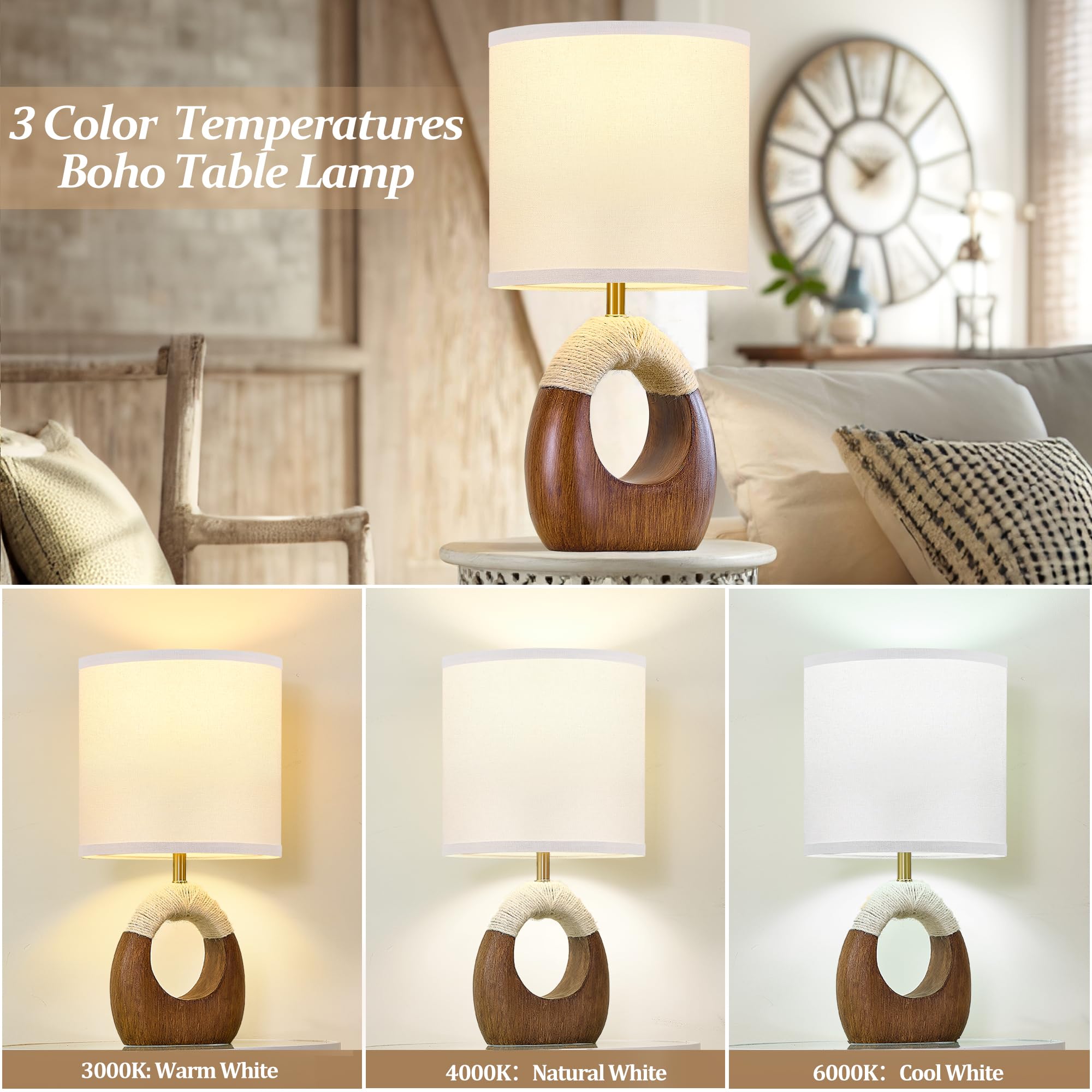 EJIAXIN Set of 2 Boho Rattan Table Lamps with 3 Color Temperatures - Brown for Bedroom & Living Room - Model 1189