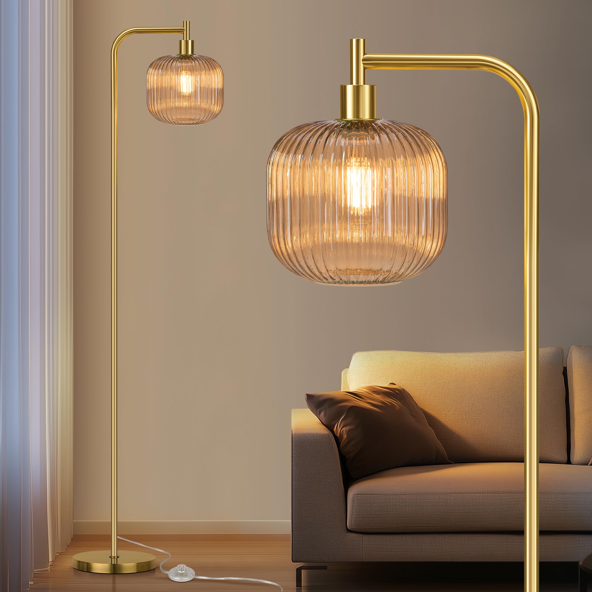 Qimh Glass Floor Lamp For Living Room, Modern Standing Lamp With Ribbed Champagne Glass Lampshade Pedal Switch, 67    Tall Lamp 