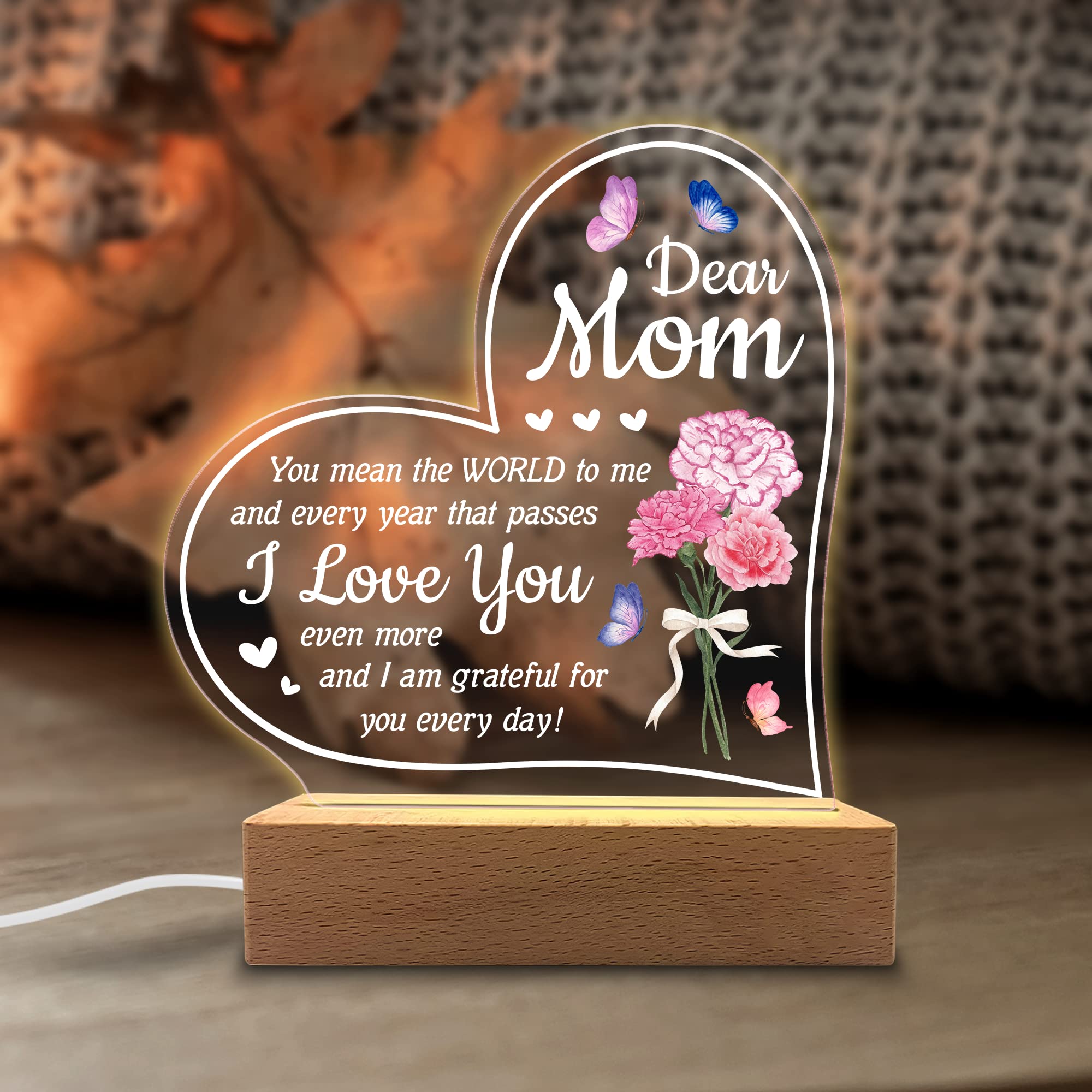 Kitchenvoy Acrylic Night Light - You Mean The World To Me - Acrylic Light Gift For Mom From Son, Daughter On Mothers Day - Birth