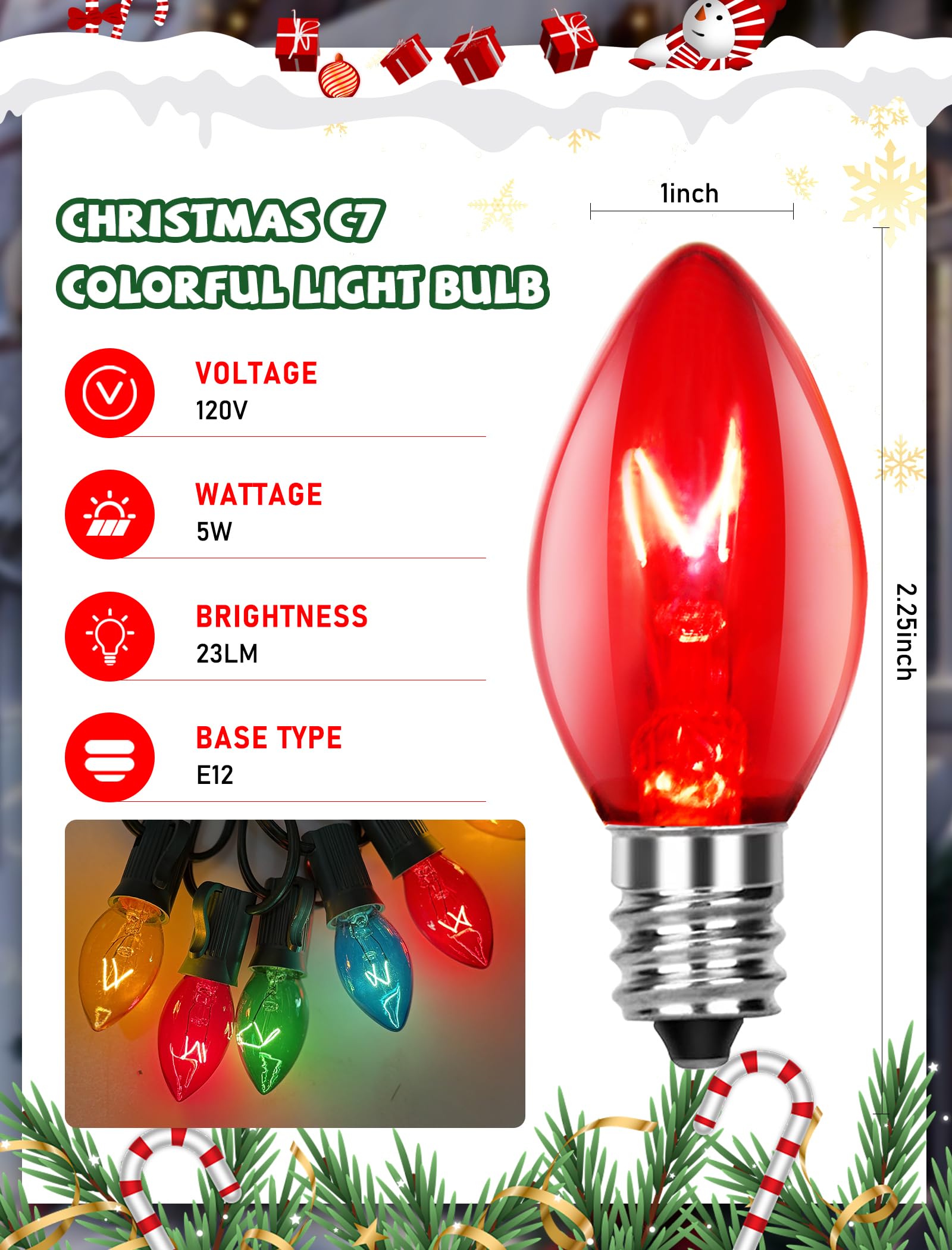 Xingzd 25 Pack C7 Christmas Light Bulbs  Multicolor Clear Vintage Replacement Bulbs  E12 Candelabra Base  5W Colorful Glass For Outdoor String Lights Xmas Tree Patio Wedding Holiday Party Decor