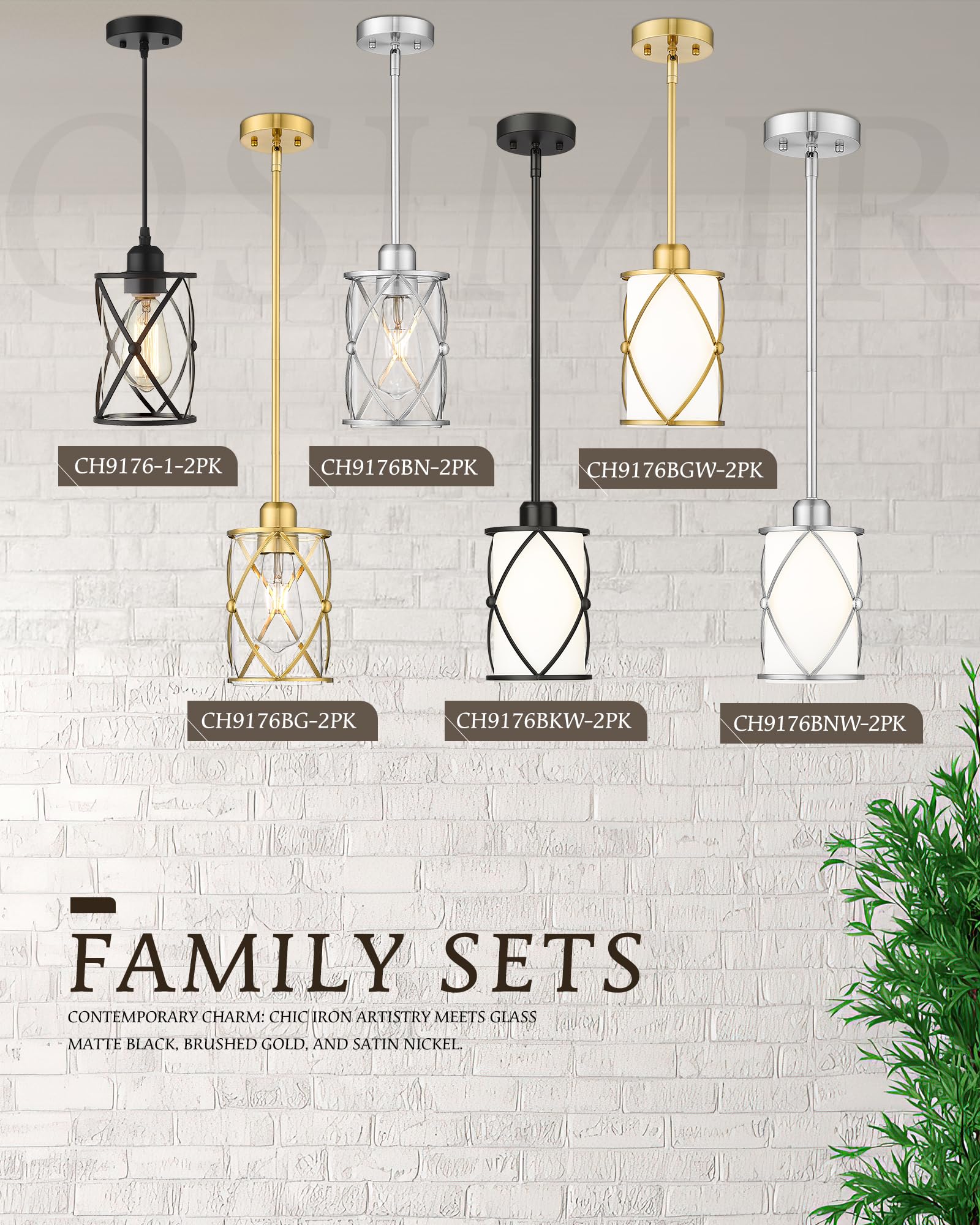 Osimir Glass Pendant Lights 2 Pack, Black Mini Hanging Lighting with Clear Glass for Kitchen, Dining, Bathroom, Model CH9176