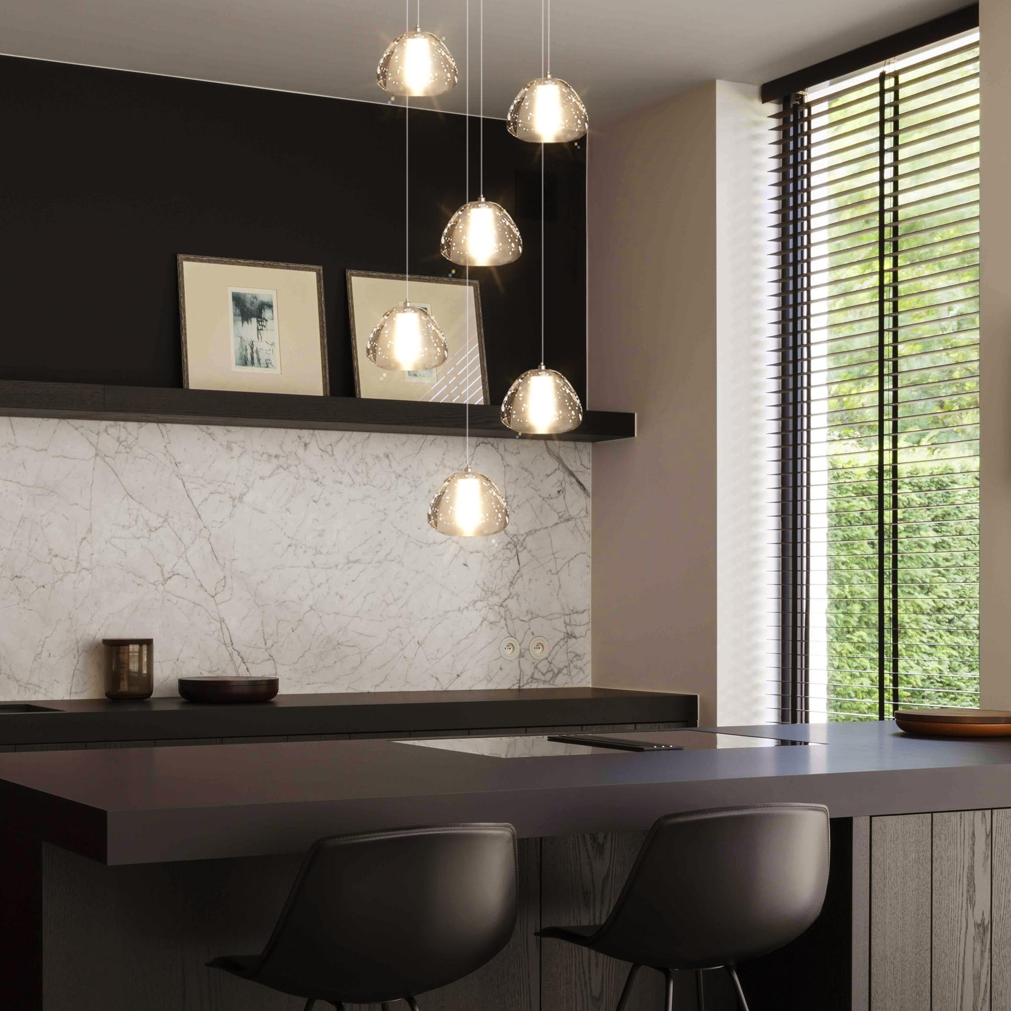 dolria 6-Lights Round Crystal Pendant Lighting, Modern Silver Chandelier for Dining Room, Bedroom, Foyer, Model PC0010, 3000K