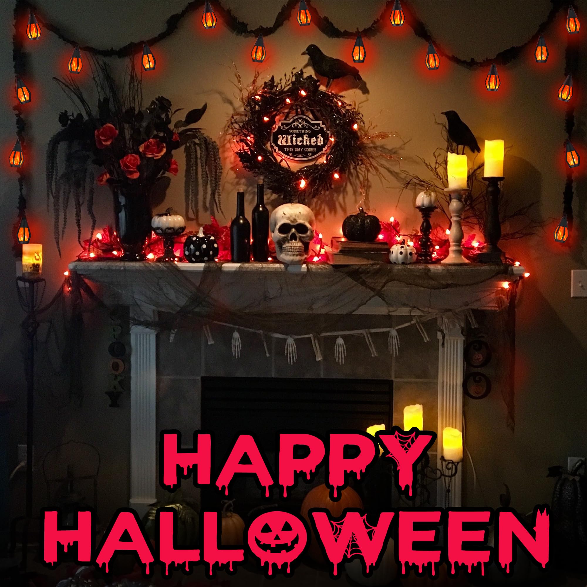 Jnaurb Solar String Lights Outdoor, 13Ft with 10 Flickering Flame Bulbs, Waterproof, Red, Ideal for Halloween Decorations