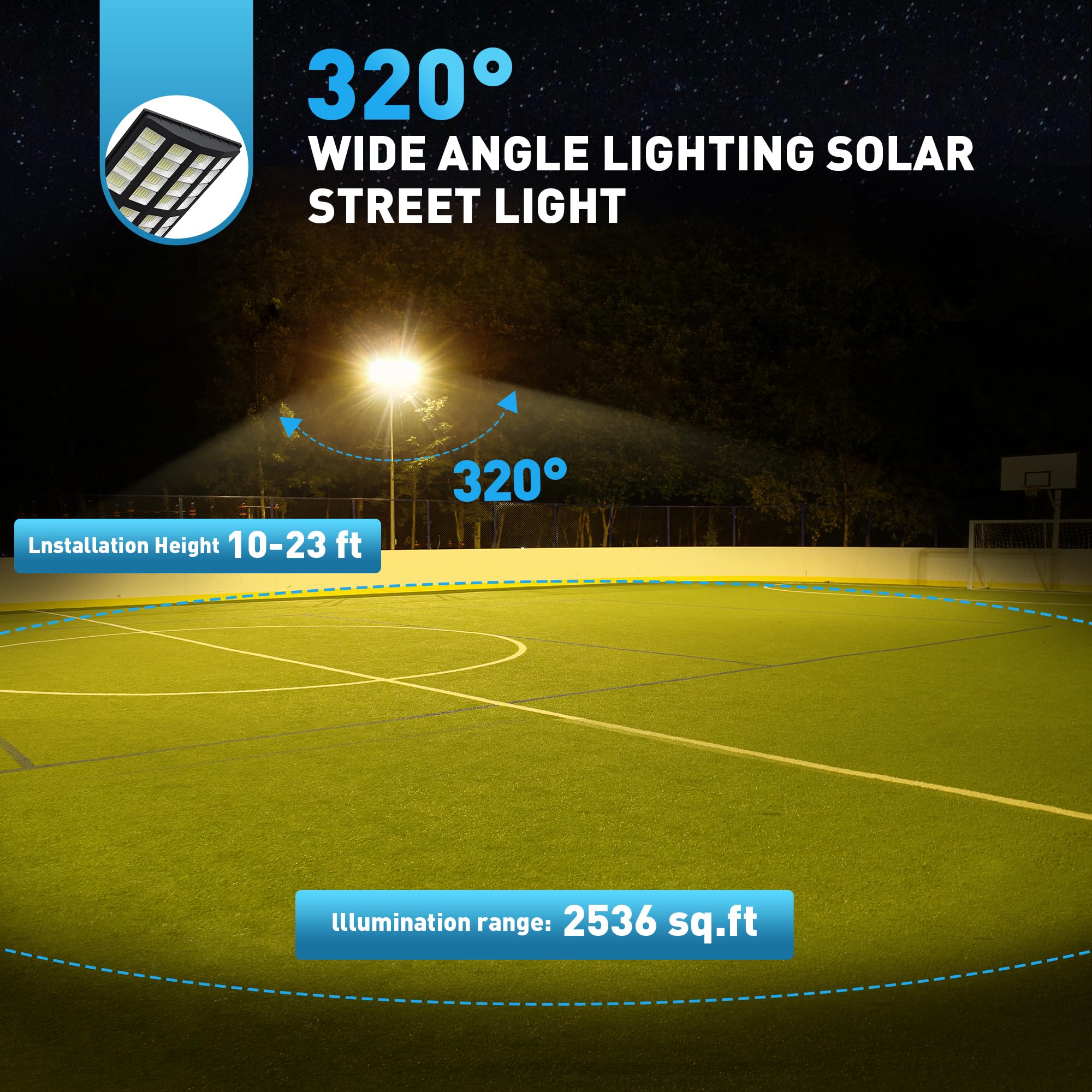 OKPRO 8000W Solar Street Lights - Motion Sensor, Dusk to Dawn, Black, Model O-1120TSL, Ideal for Commercial and Yard Use