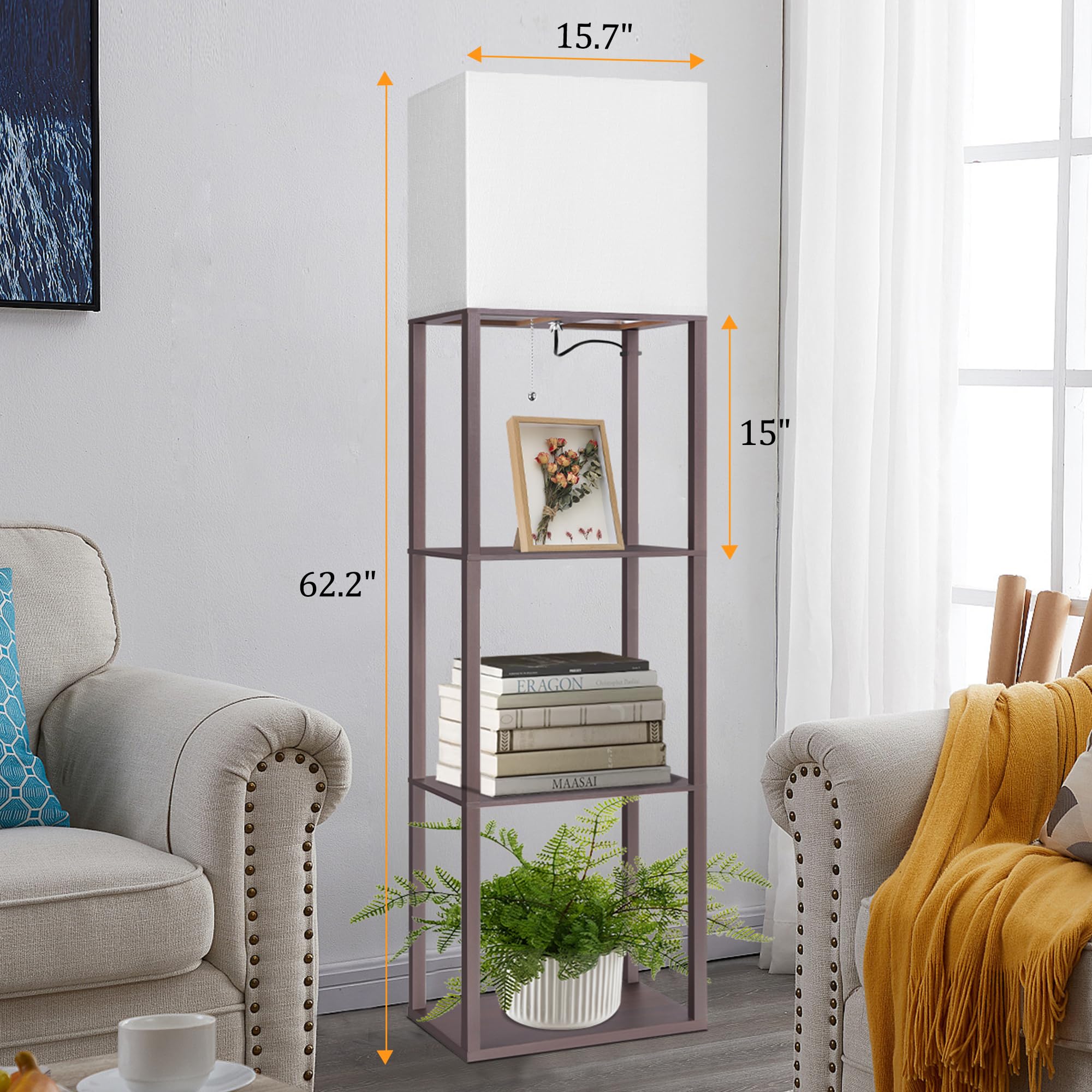 Dott Arts Floor Lamp with Shelves, 15.7in Wide, Wood, Walnut, Model WLM1600-FLA-15W-12, 3 Color LED Bulb