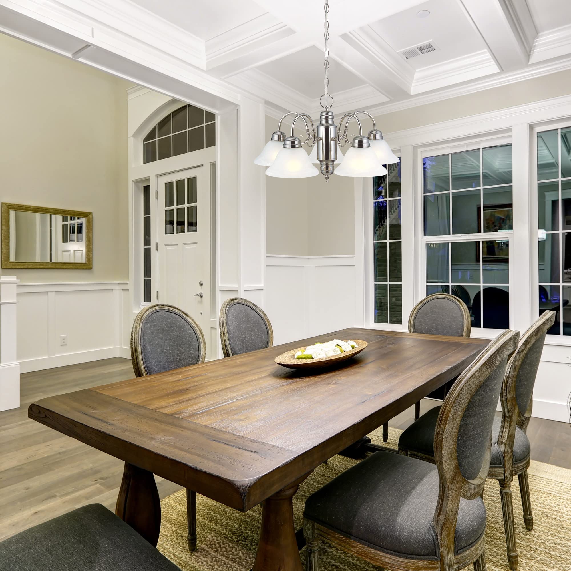 Design House 511535 5-Light Indoor Dimmable Chandelier, Satin Nickel, Alabaster Glass Shades for Entryway Foyer Dining Room