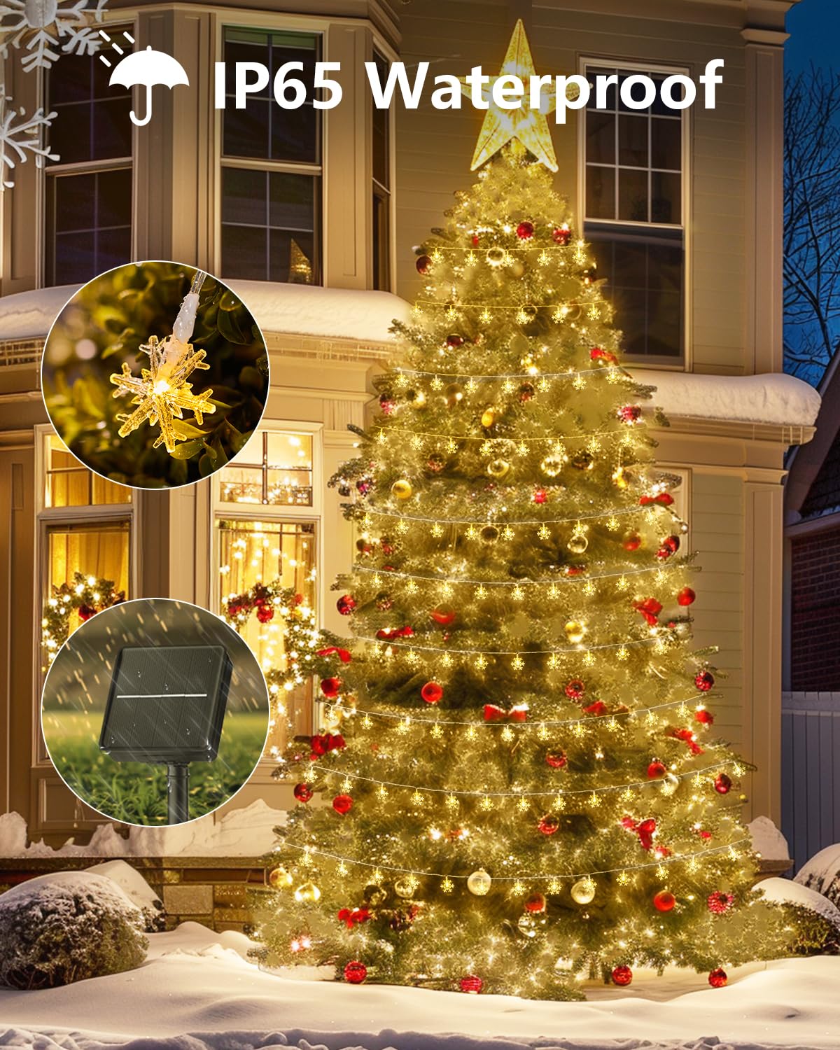 Brightown Solar Christmas Snowflake String Lights, 72Ft 200 Led Outdoor Waterproof Fairy Lights With 8 Lighting Modes For Weddin