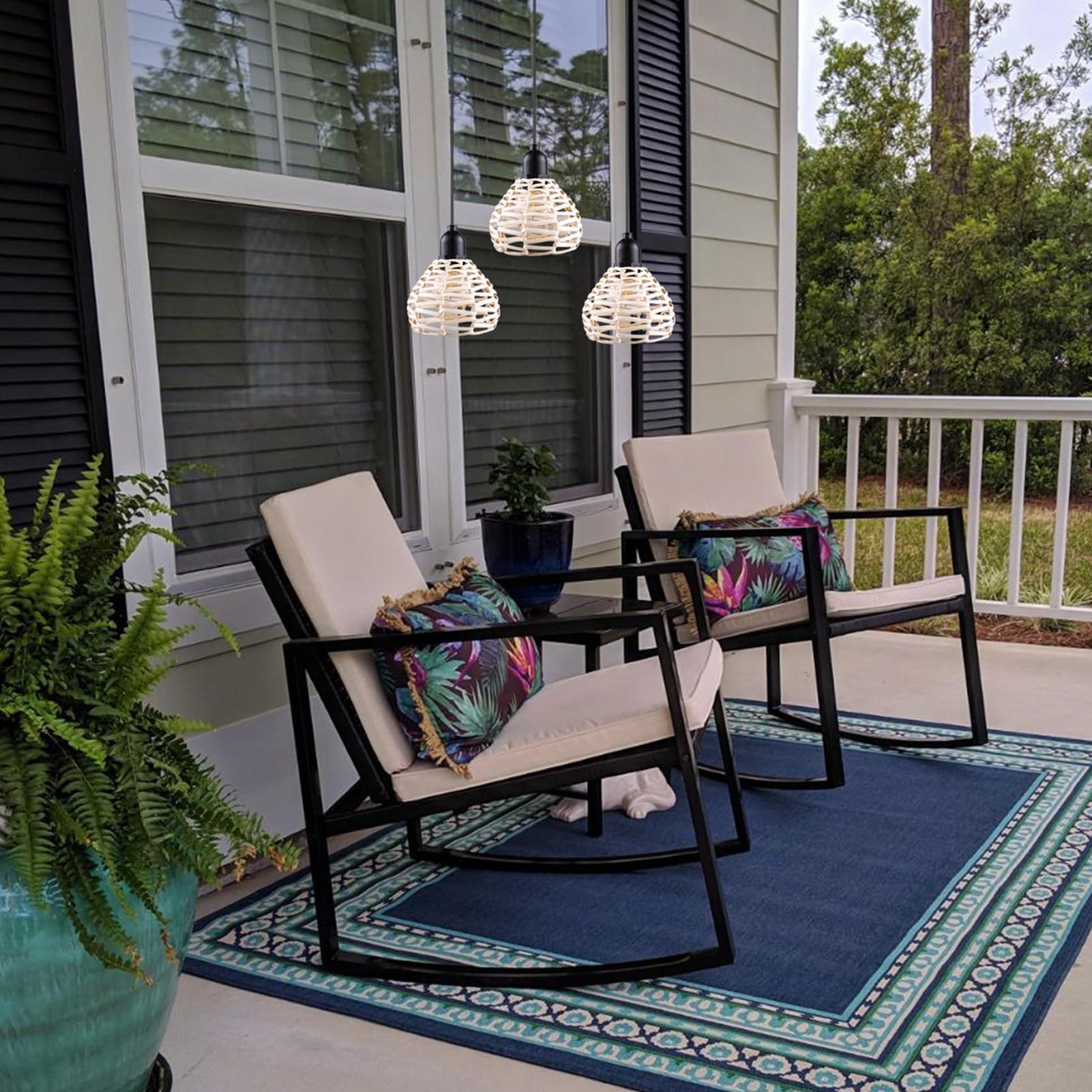 ALL FORTUNE Outdoor Battery Operated Chandelier - Warm White Rattan Pendant Light, Dimmable Timer, Model AF 61674 for Patio & Garden Decor