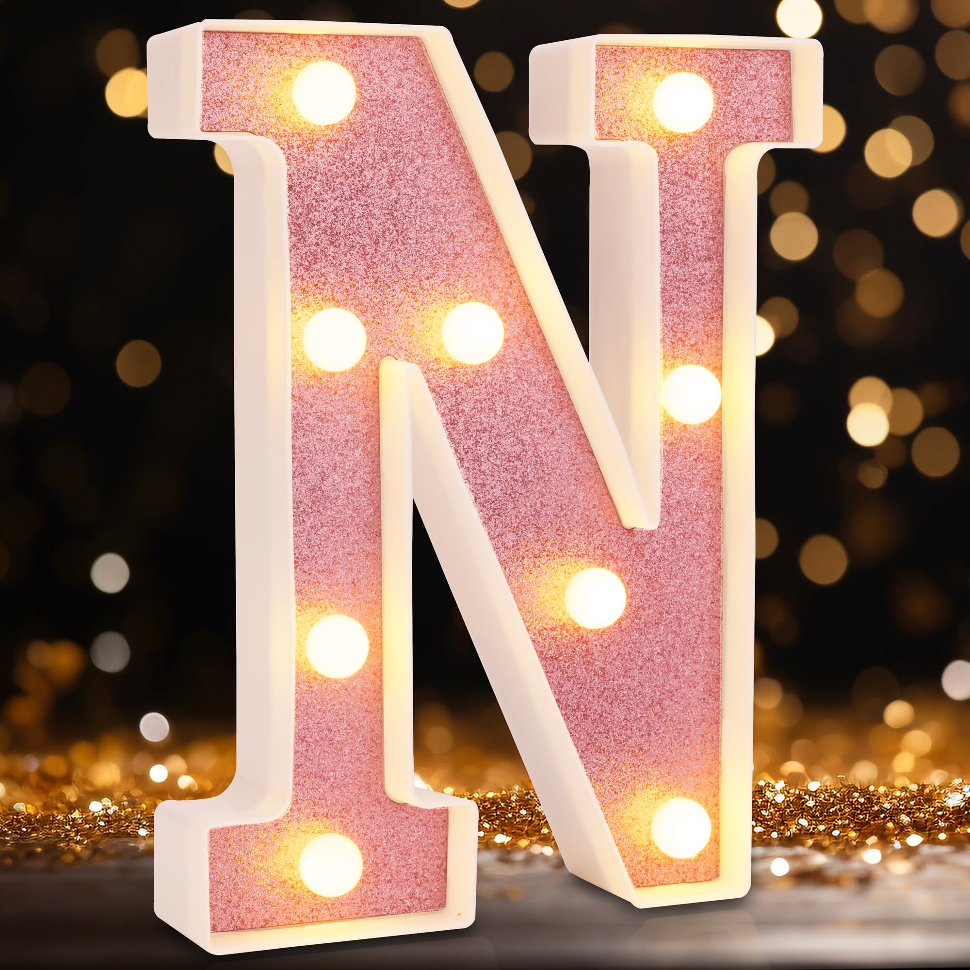 DyingSwan Small LED Marquee Letter N, 8.58 Inch Pink Glitter Lighted Sign, Battery Powered Plastic Decor for Party and Birthday