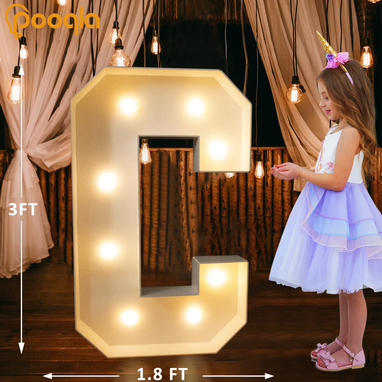 Pooqla Marquee Light Up Letter, 3FT Giant LED Decor, Cool White & Warm White, Plastic, Model 3FT-FXDJ 2W-C, Letter C