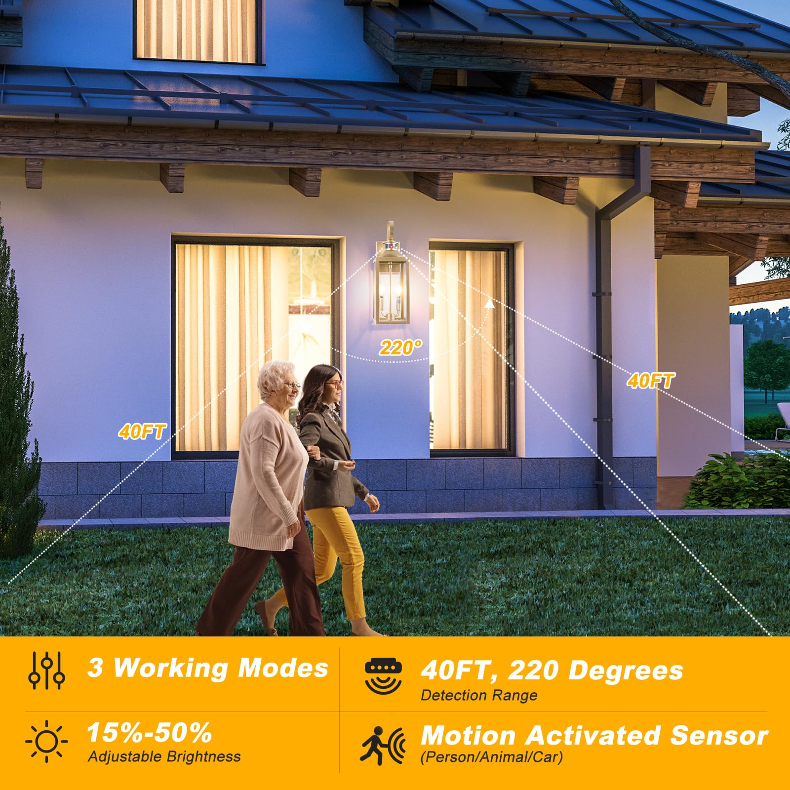 Yolsunes 20&quot; Gold Motion Sensor Outdoor Light, Waterproof Wall Sconce, 3 Modes, Farmhouse Fixture