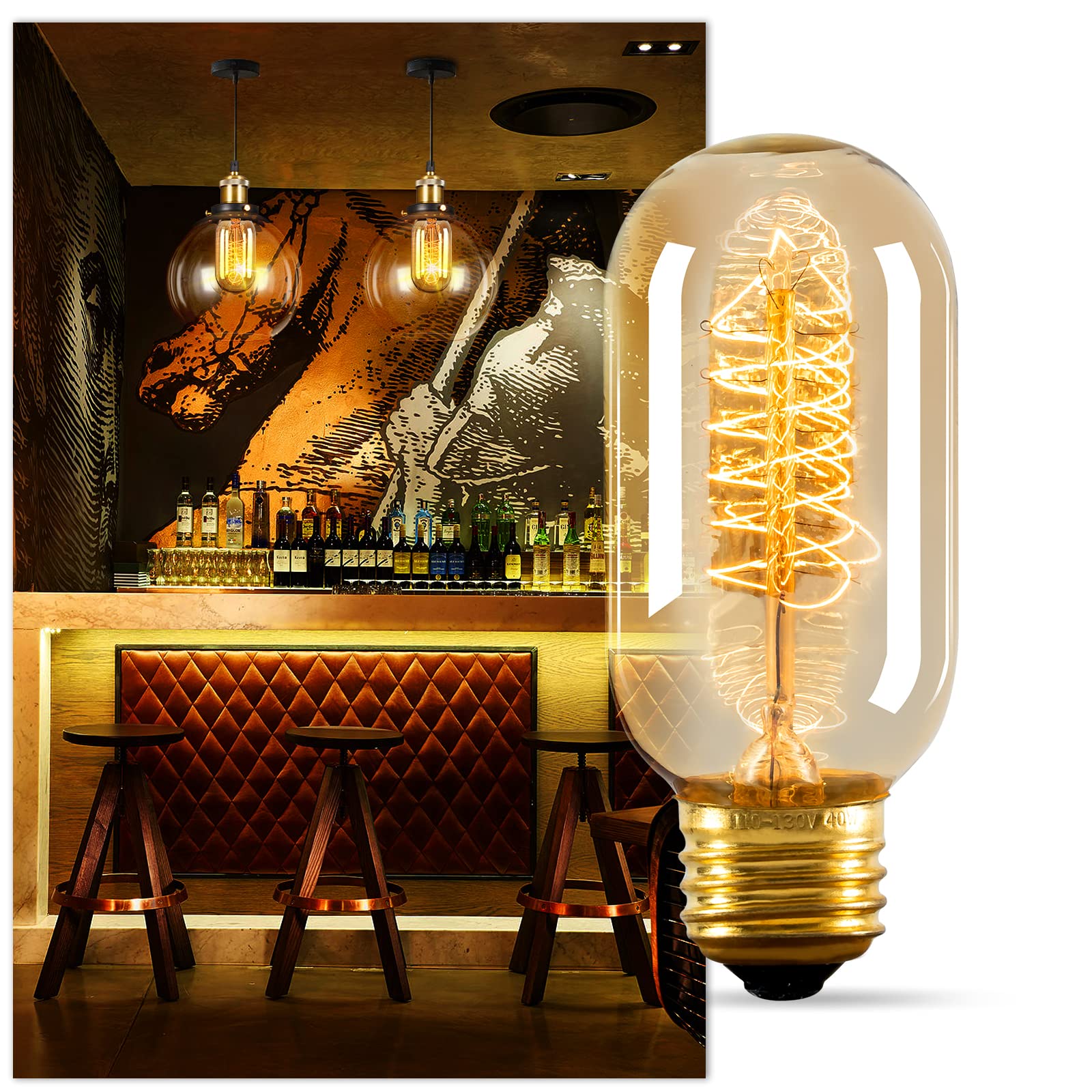 Nuodifan Edison Bulbs,4-Pack Vingtage Filament Light Bulb,T45 2700K Warm Light 40 Watt,110V-130V E26/E27 Base Dimmable Decorativ
