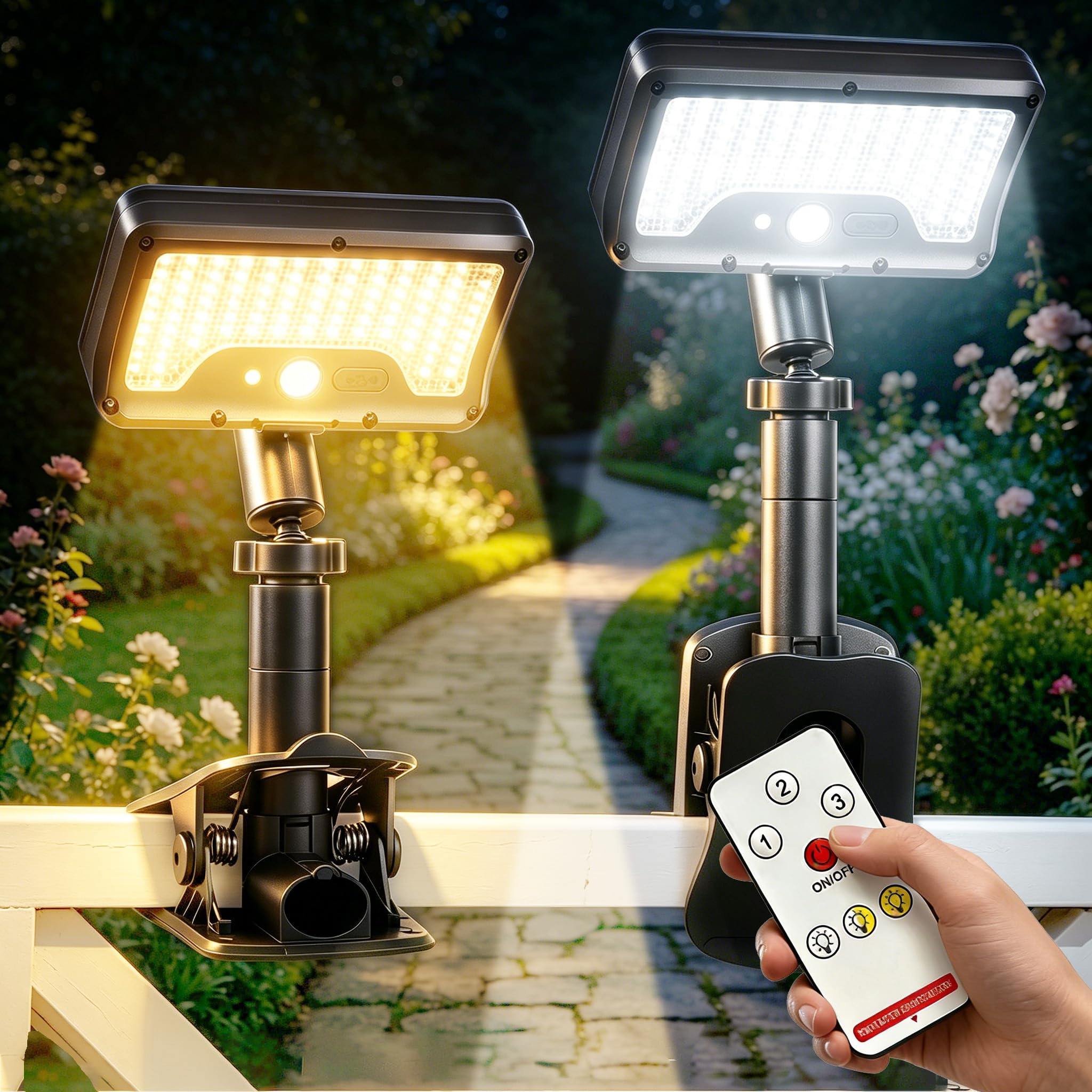 Clip On Solar Lights Outdoor with Motion Sensor, 92 LEDs 600 LM Solar Fence Lights with 3 Color Modes, Remote Control, 360 Adjus