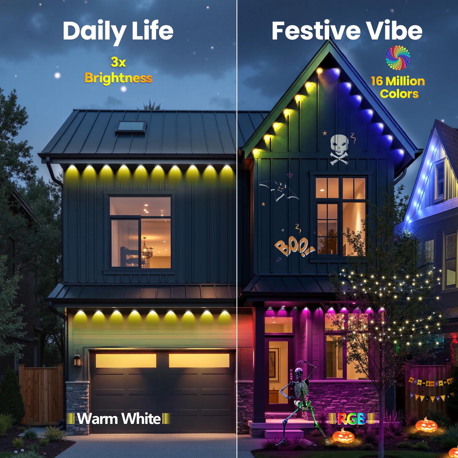 Yolsunes Permanent Outdoor Lights, 200ft RGB+IC, IP67 Waterproof Eaves Lights for Holiday Decor, Remote/App Control, White, Model HCP045
