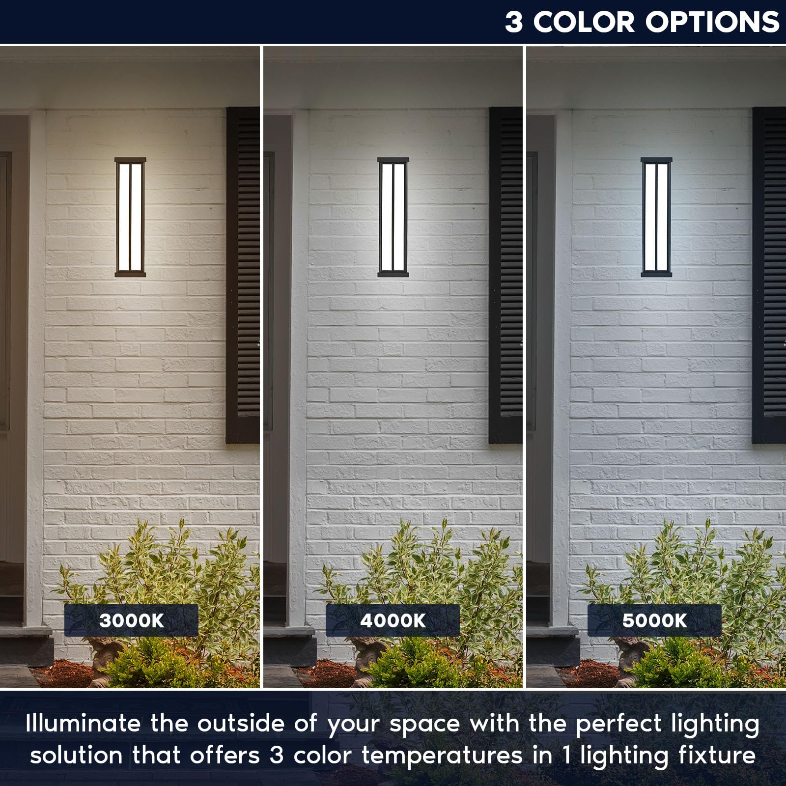 LUXRITE LED Outdoor Wall Sconce, 24in, Black Aluminum, 3CCT 3000K/4000K/5000K, 26W, IP65 Waterproof
