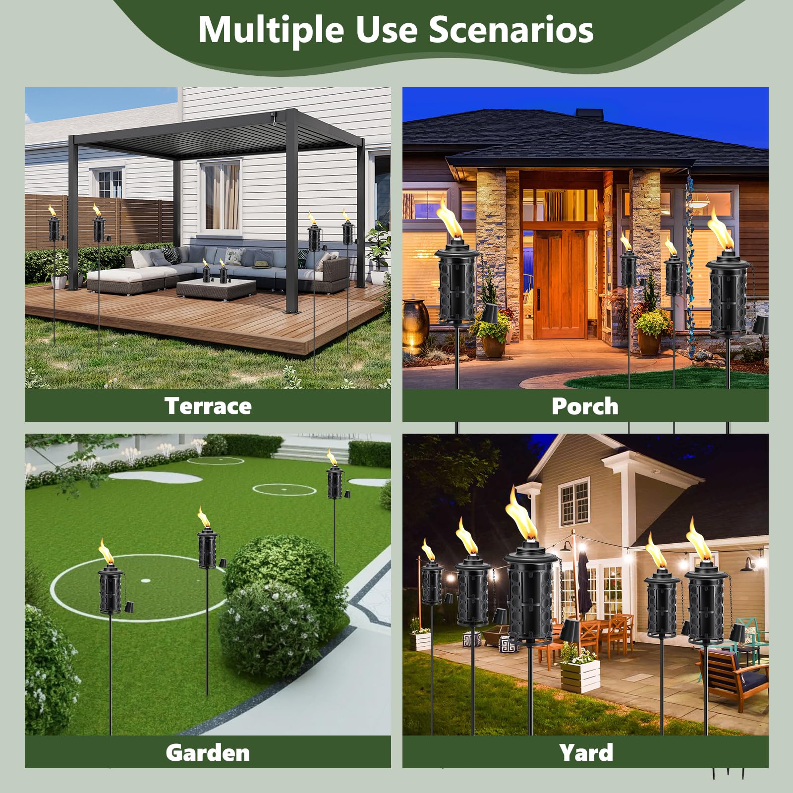 Fan-Torches 6-Pack Black Citronella Torches, 59-Inch Outdoor Garden Décor With 3-Prong