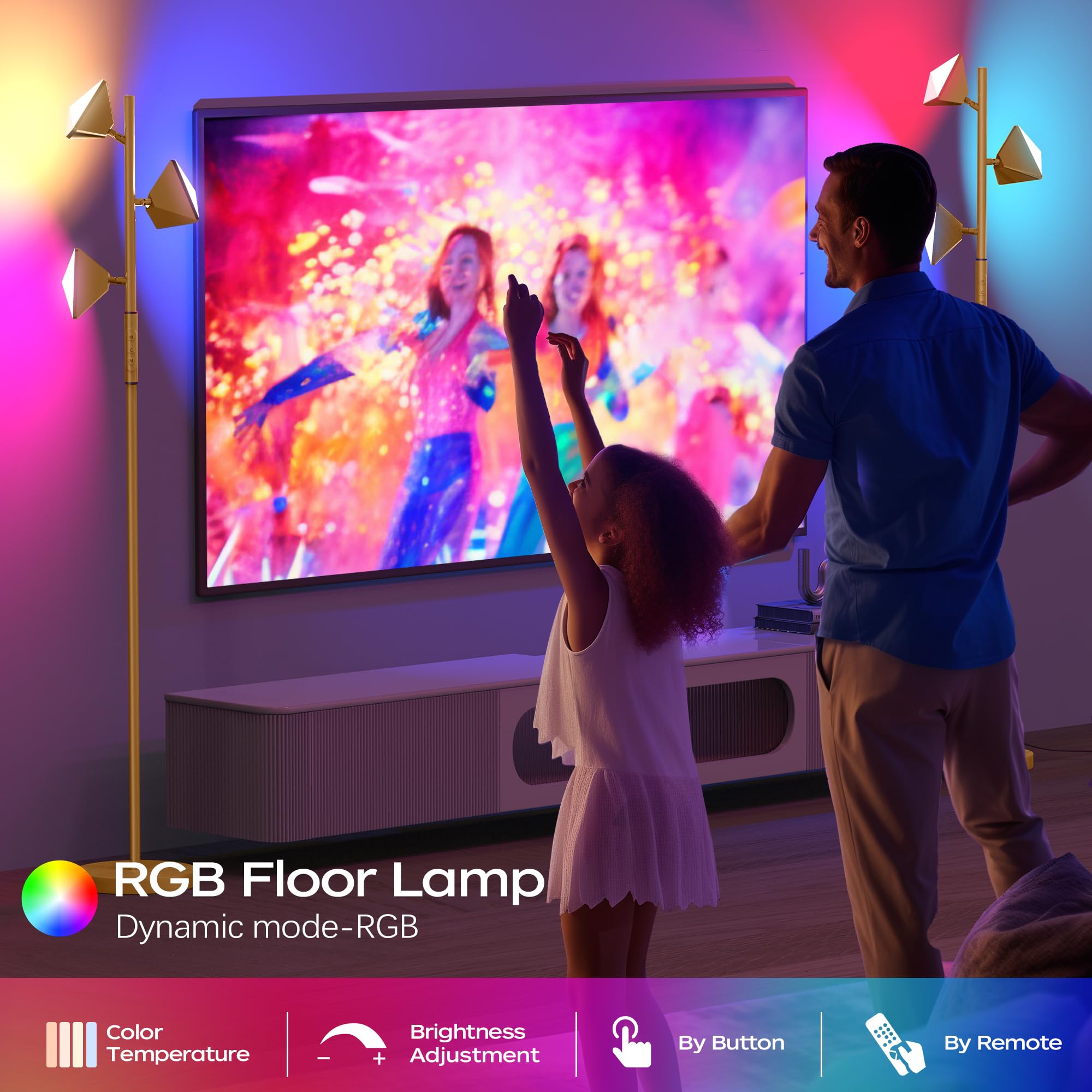 ROTTOGOON RGBCW LED Floor Lamp, 36W Color Changing, Dimmable, Touch & Remote Control, Gold, Model ROFP086BJ1