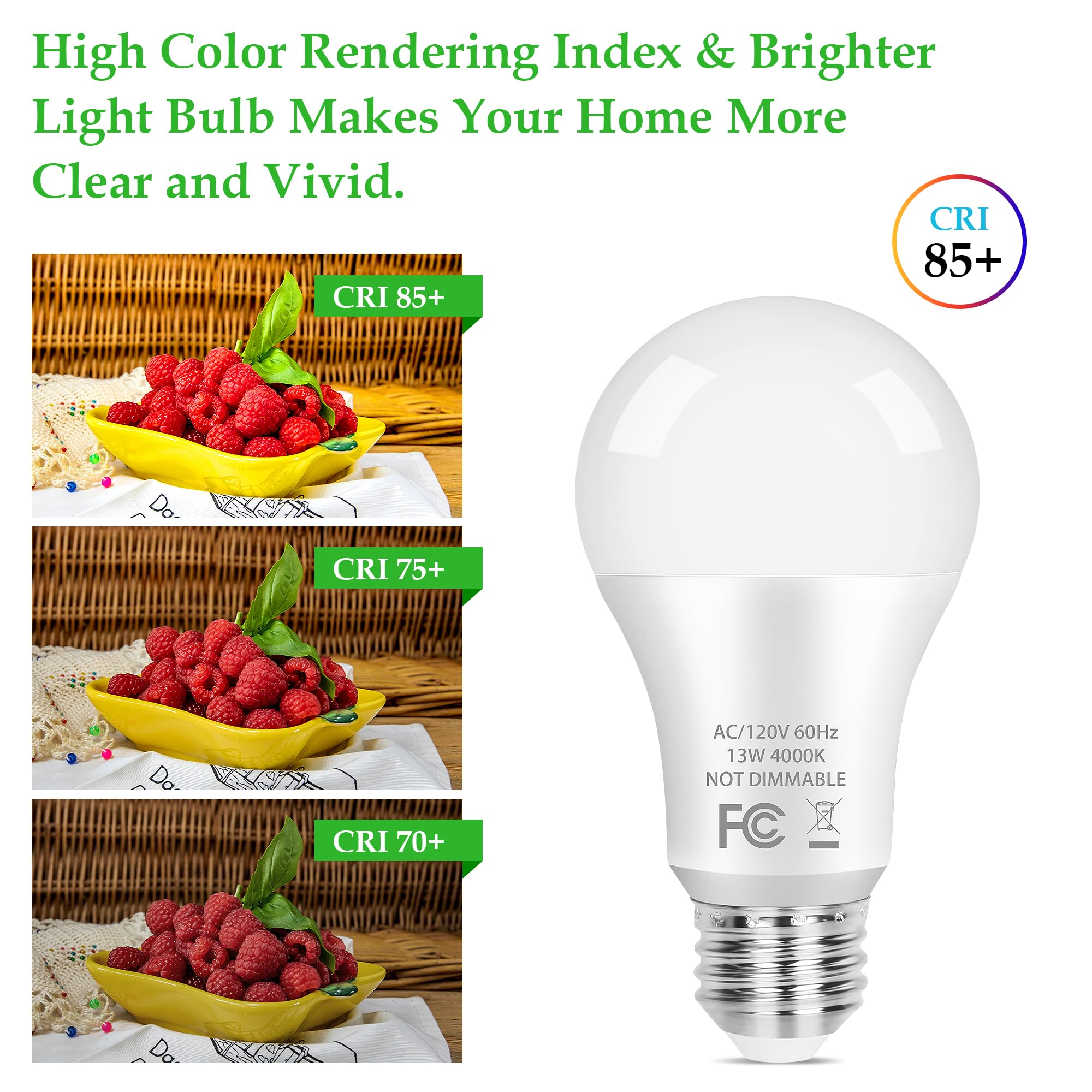 Partphoner A19 Led Light Bulb, 100 Watt Equivalent Led Bulbs, 13W Neutral White 4000K, 1500Lm, E26 Standard Base Non-Dimmable Wh