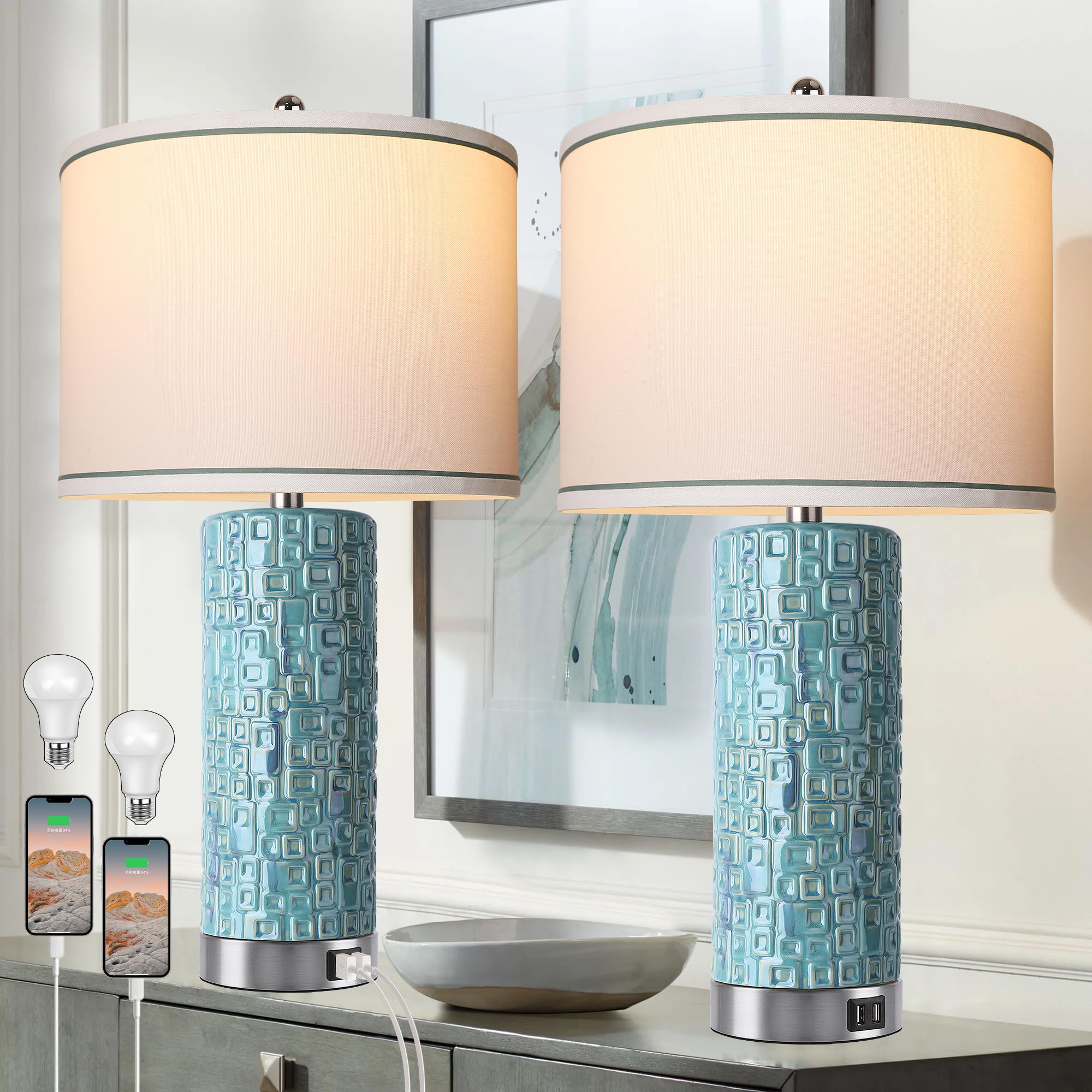 Vpazg 26'' Teal Ceramic Table Lamps Set Of 2 With Usb Ports - Coastal Decorative Nightstand Lighting