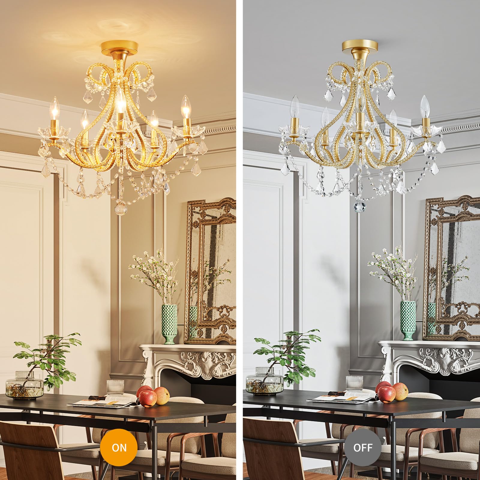 WUZUPS 5-Light Crystal Candle Chandelier, Metal Ceiling Light, 20.9in High 22in Wide, Gold, Model USHD-5511506GD