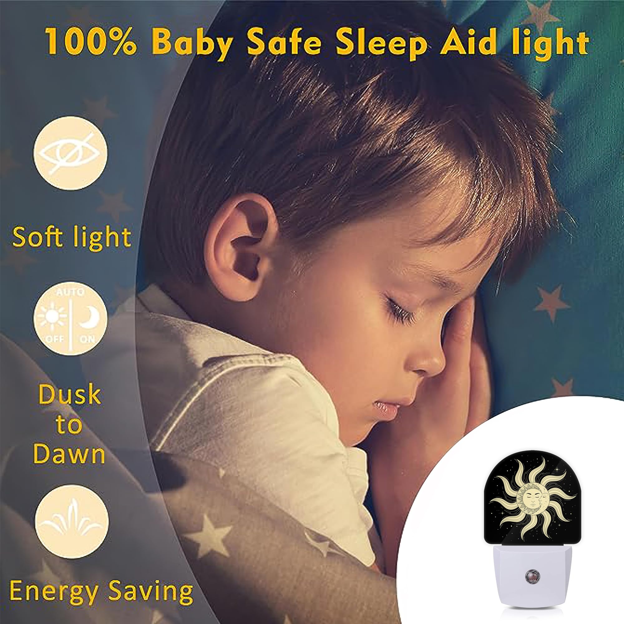 Axxitude Moon Star Sun Night Lights Plug Into Wall For Girls Boys Room,Night Light Led Lamp Dusk To Dawn Sensor Round Lamp For B