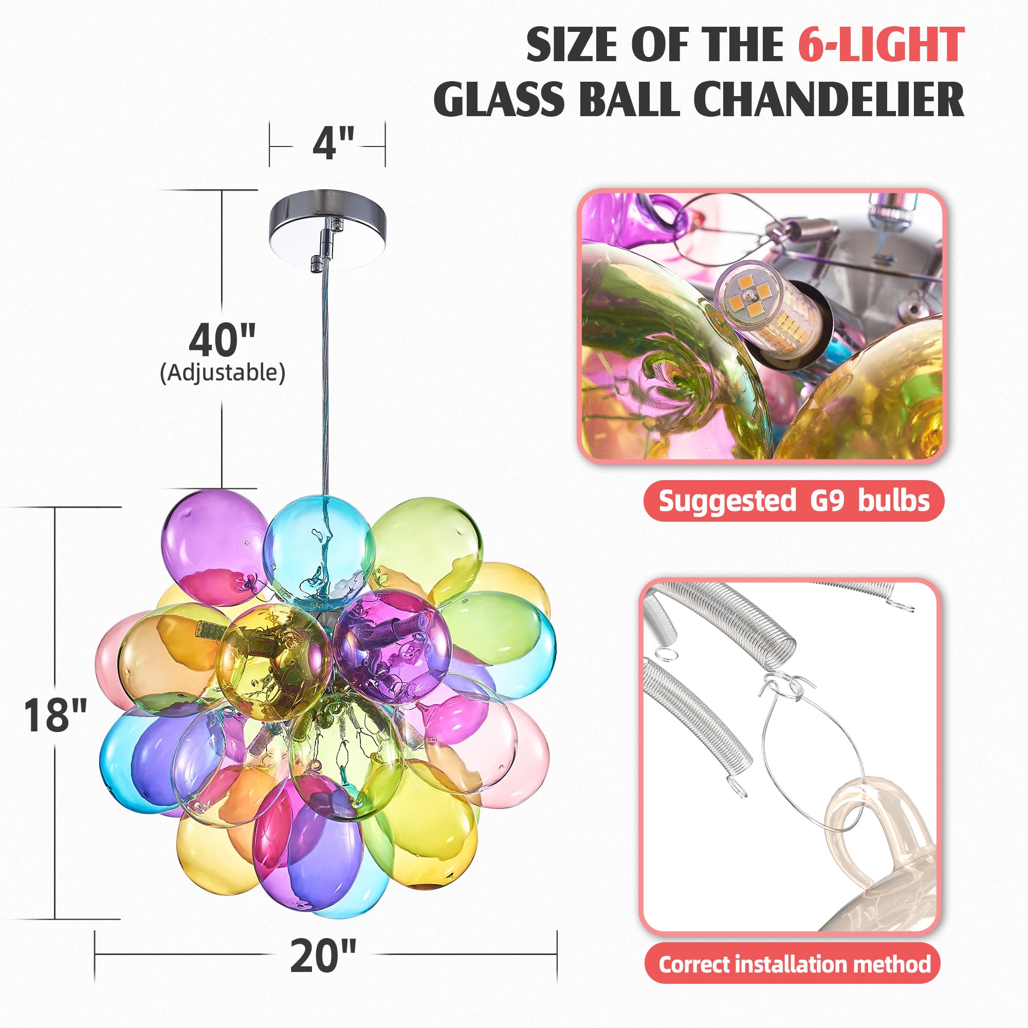 Longree Mini Bubble Ball Chandelier, 20" Multicolor Glass Pendant Light for Bedroom, Dining Room, Model LR1540